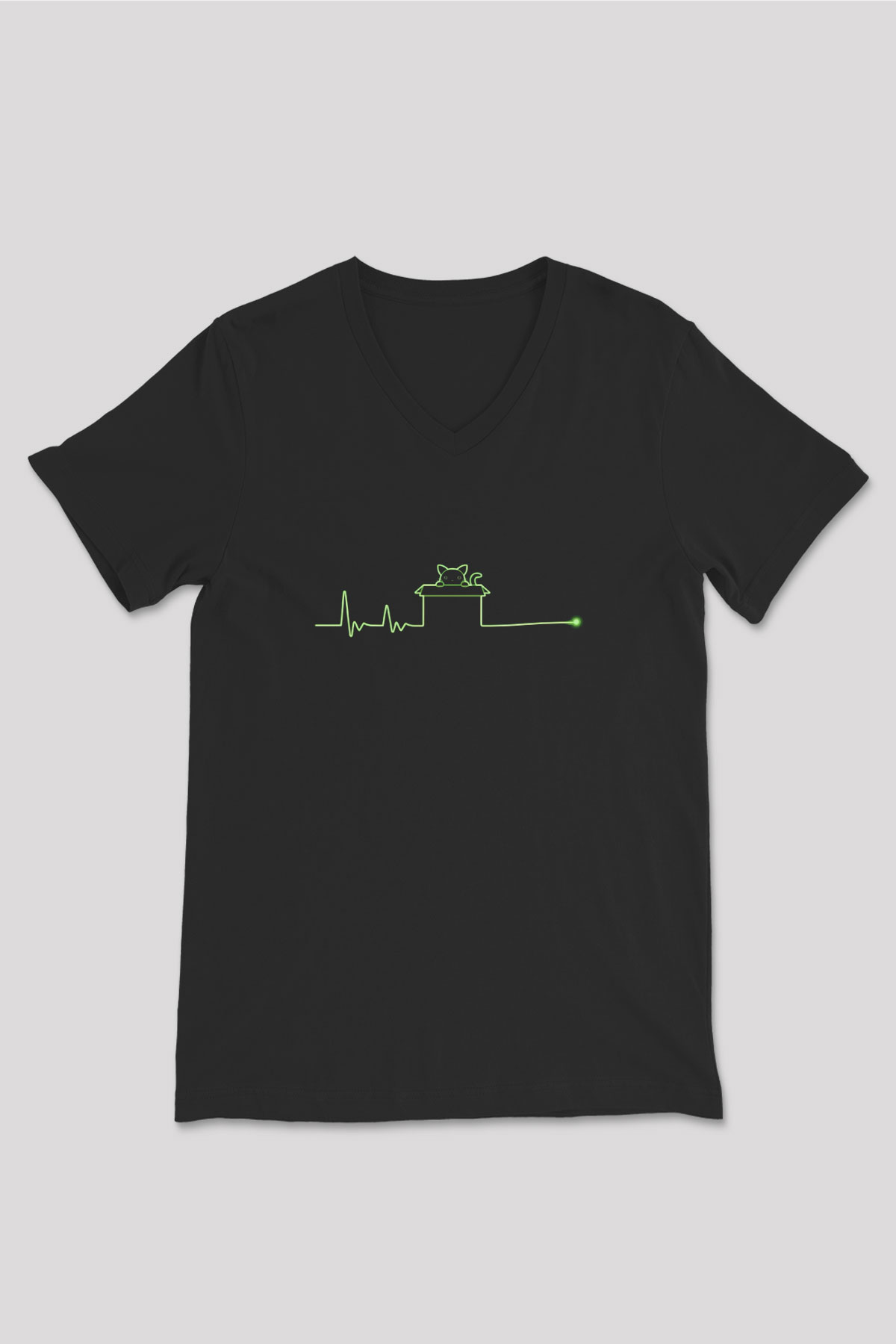 Schrödinger'in Kedisi Kalp Ritmi Baskılı Unisex V Yaka Siyah Tİşört - Tshirt
