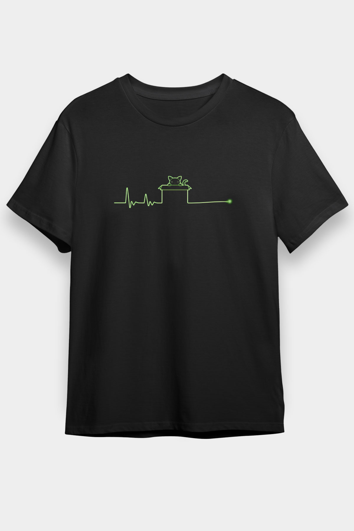 Schrödinger'in Kedisi Kalp Ritmi Baskılı Unisex Siyah Tişört - Tshirt