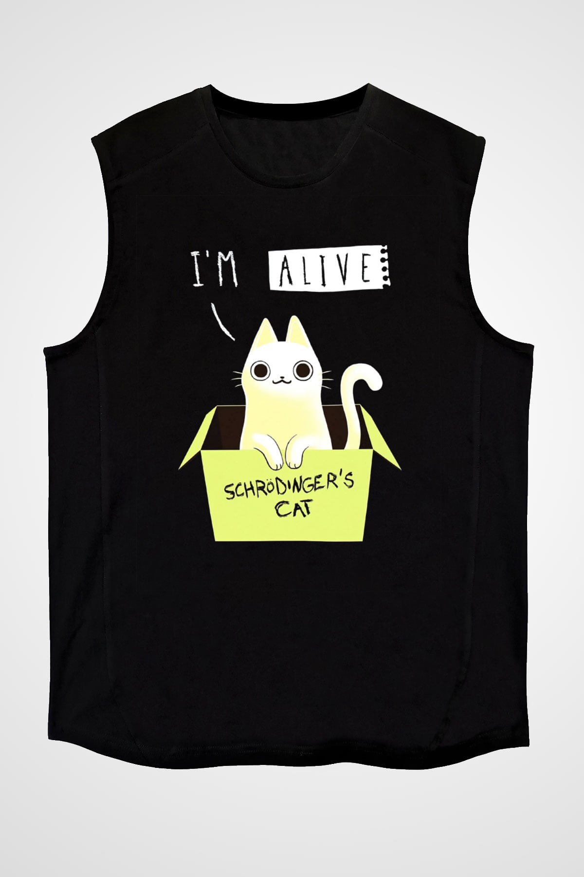 Schrödinger'in Kedisi Kutu Baskılı Unisex Kolsuz Siyah Tişört - Tshirt