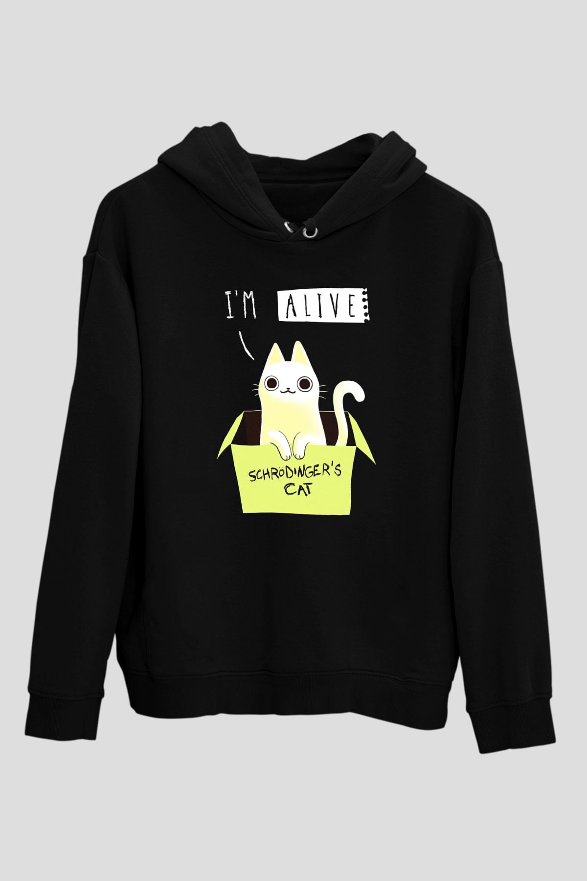 Schrödinger'in Kedisi Kutu Baskılı Unisex Siyah Kapüşonlu Sweatshirt