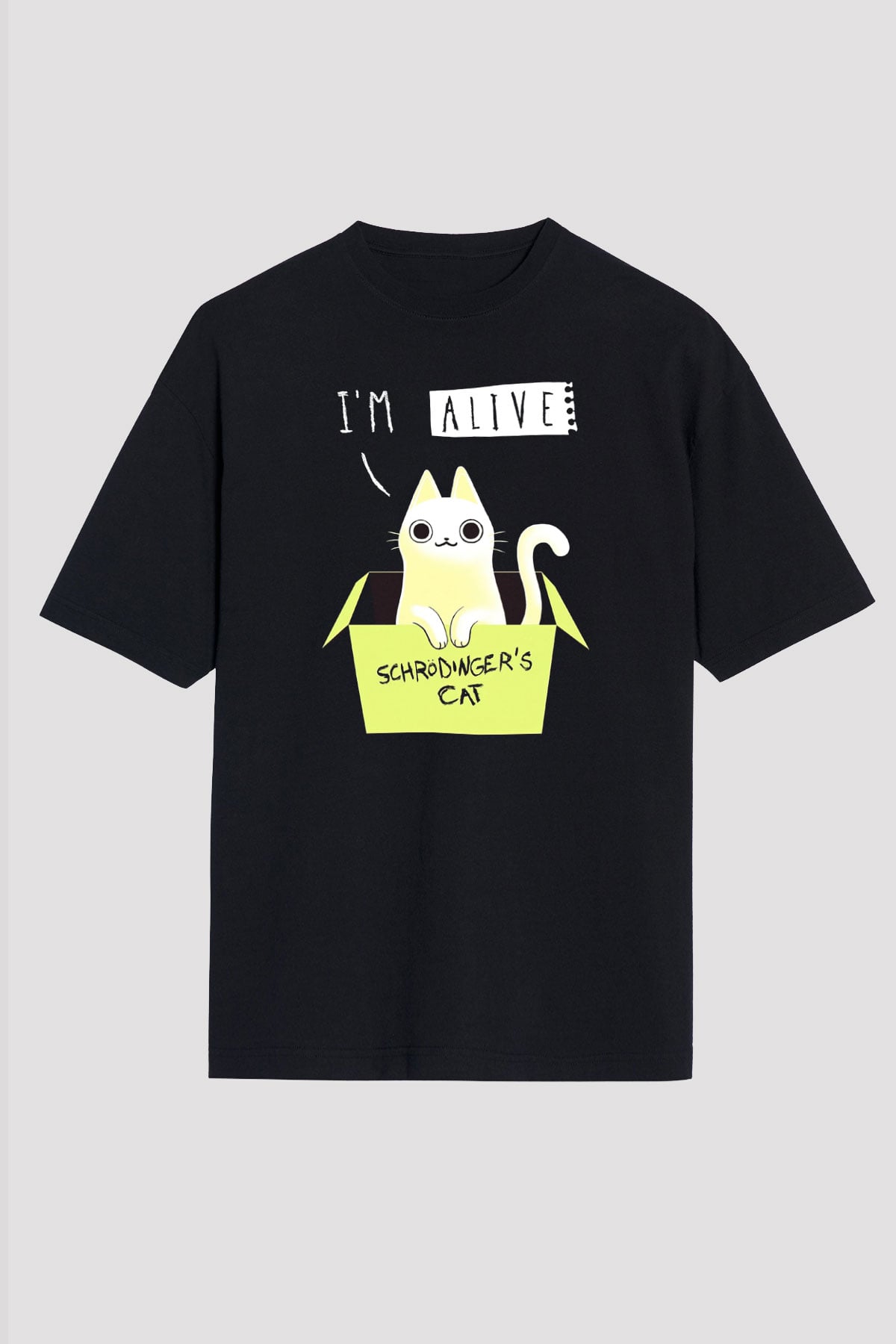 Schrödinger'in Kedisi Kutu Baskılı Unisex Oversize Tişört - Tshirt