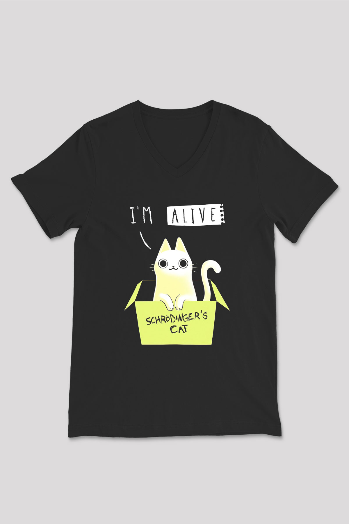Schrödinger'in Kedisi Kutu Baskılı Unisex V Yaka Siyah Tİşört - Tshirt