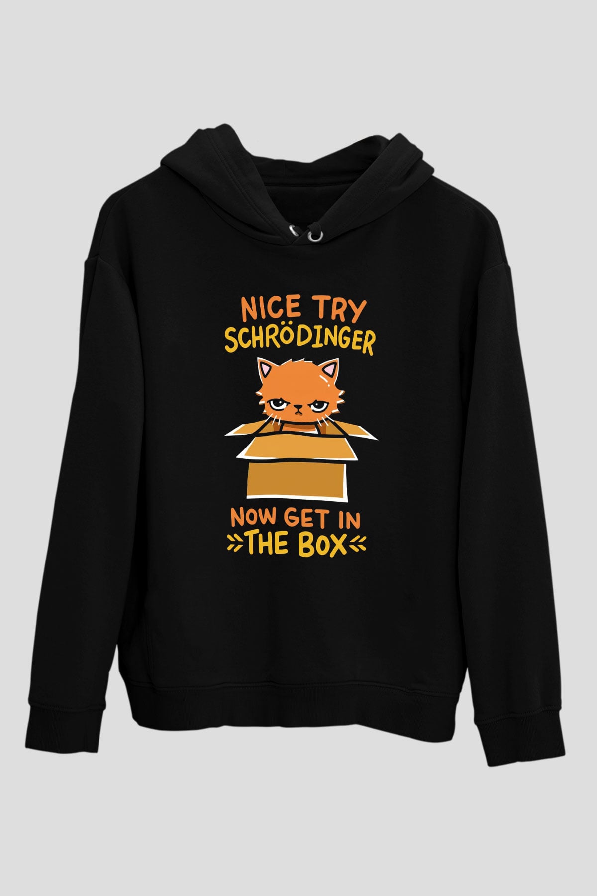 Schrödinger'in Kedisi Kutuda Baskılı Unisex Siyah Kapüşonlu Sweatshirt