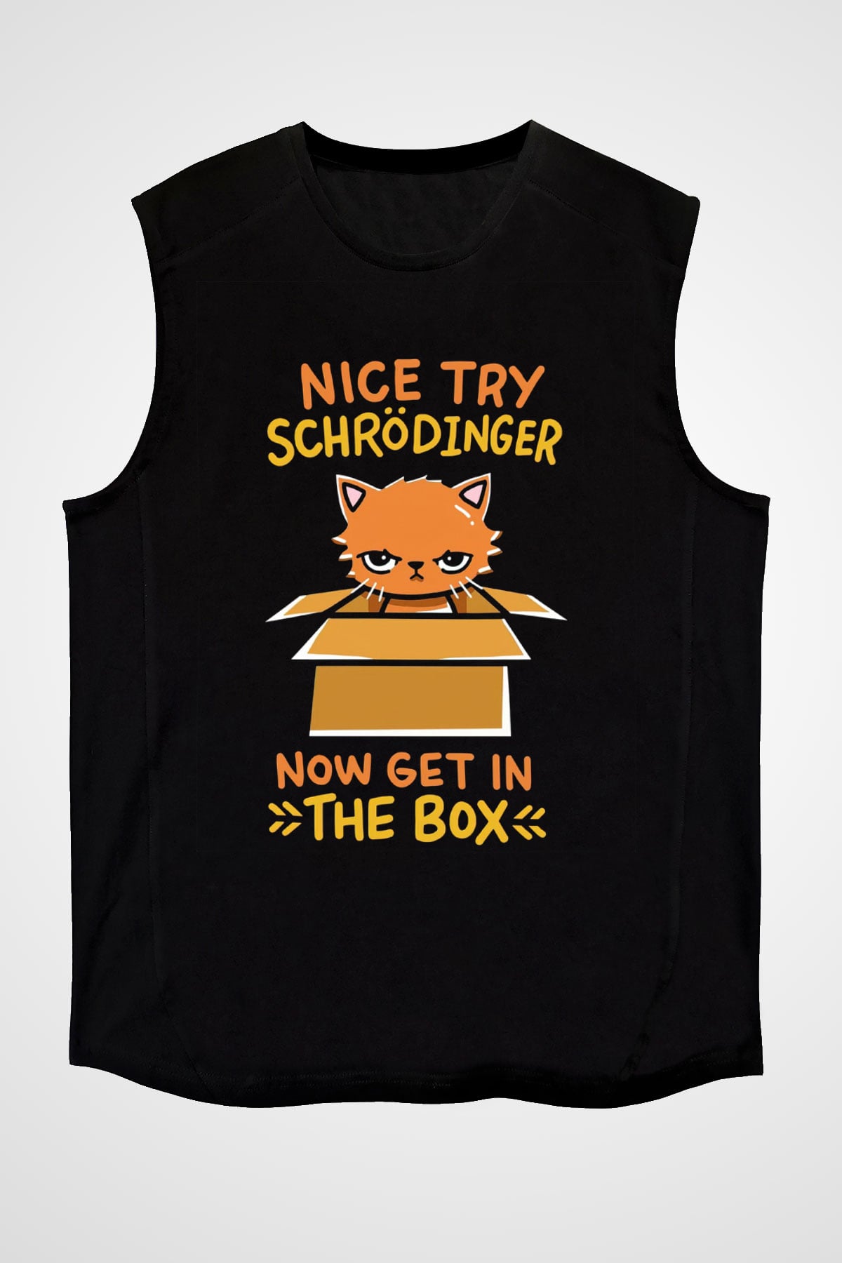 Schrödinger'in Kedisi Kutuda Baskılı Unisex Kolsuz Siyah Tişört - Tshirt