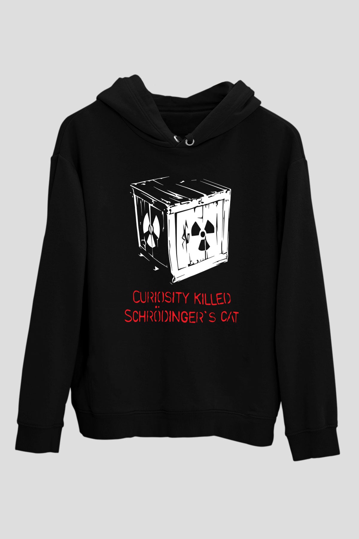 Schrödingerin Kedisi Kutuda  Baskılı Unisex Siyah Hoodie
