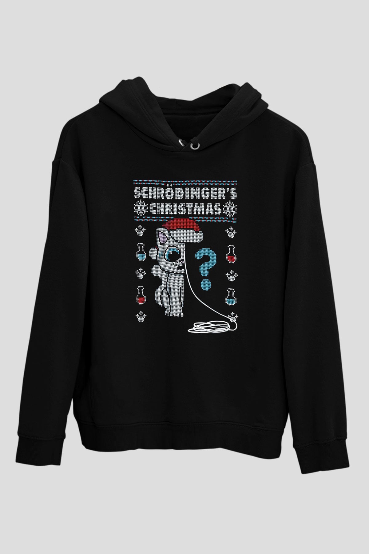 Schrödinger'in Kedisi Noel Baskılı Unisex Siyah Kapüşonlu Sweatshirt