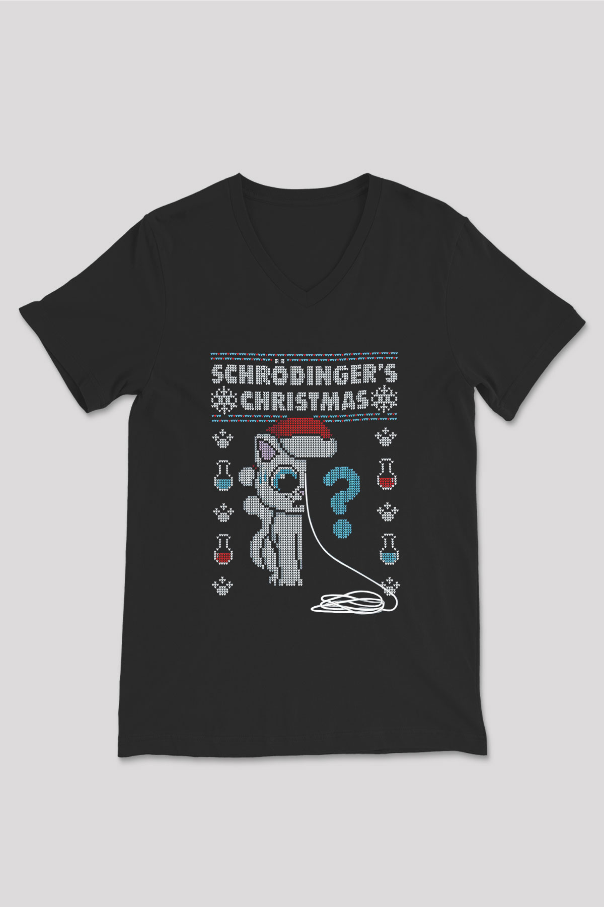 Schrödinger'in Kedisi Noel Baskılı Unisex V Yaka Siyah Tİşört - Tshirt