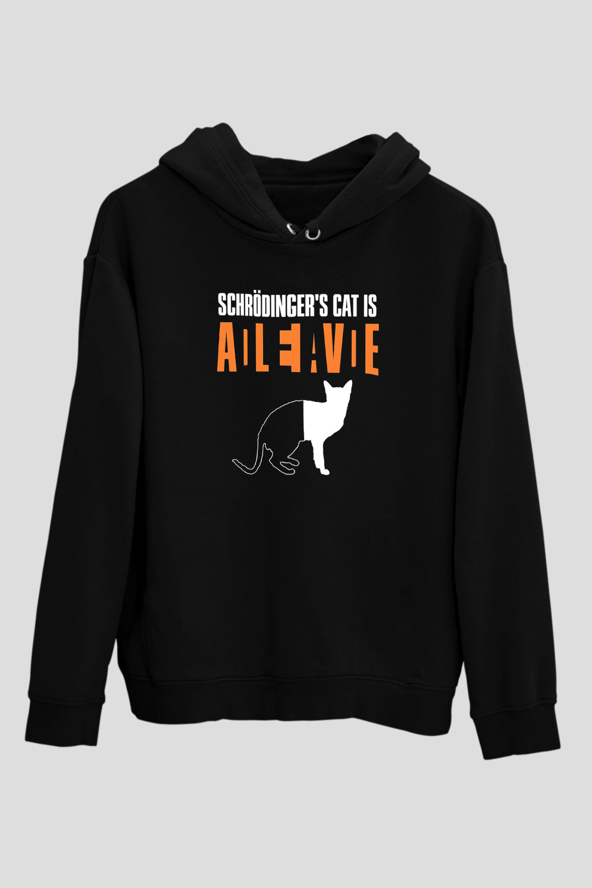 Schrödinger'in Kedisi Ölü Canlı Baskılı Unisex Siyah Kapüşonlu Sweatshirt