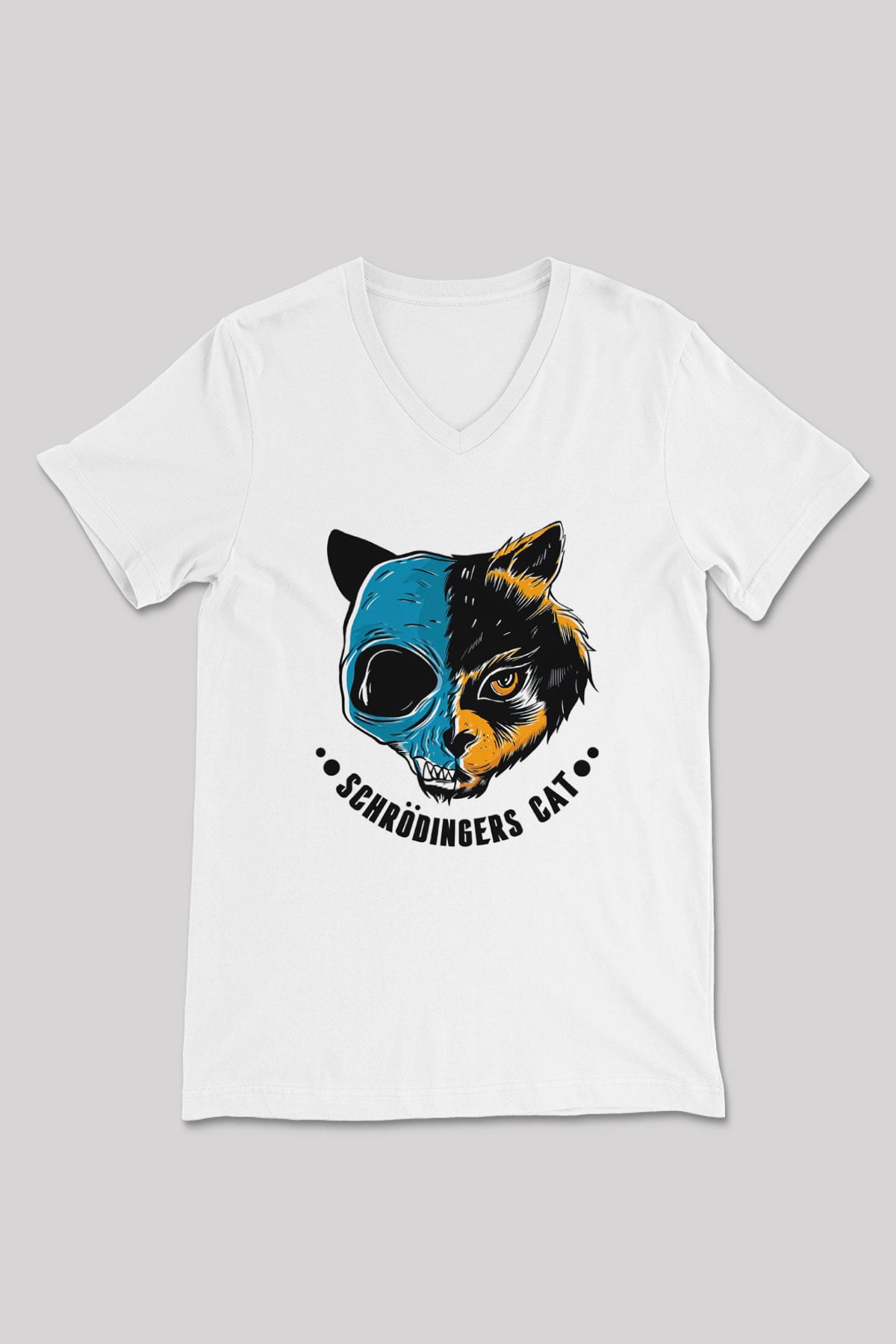 Schrödinger'in Kedisi Ölü-Diri Baskılı Unisex V Yaka Beyaz Tişört - Tshirt