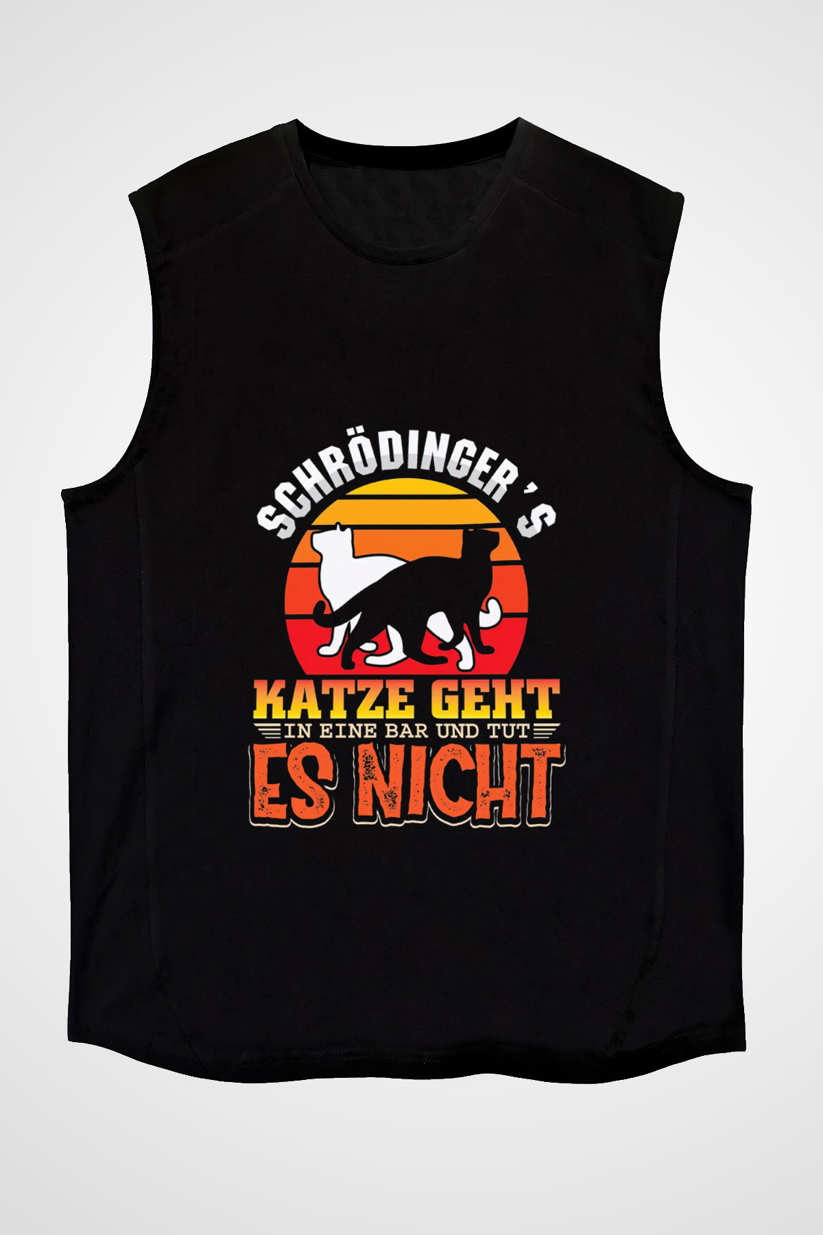 Schrödinger'in Kedisi Renkli Baskılı Unisex Kolsuz Siyah Tişört - Tshirt
