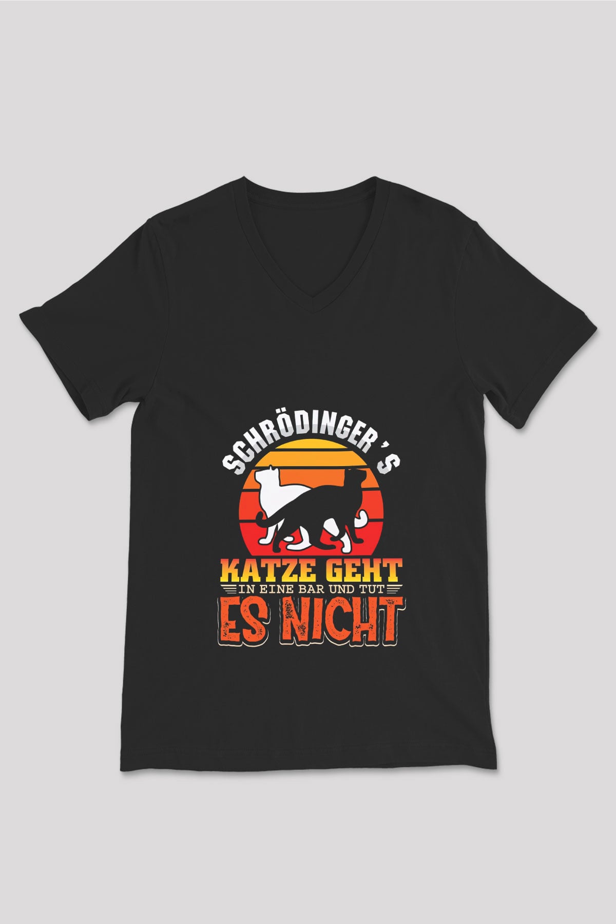 Schrödinger'in Kedisi Renkli Baskılı Unisex V Yaka Siyah Tİşört - Tshirt