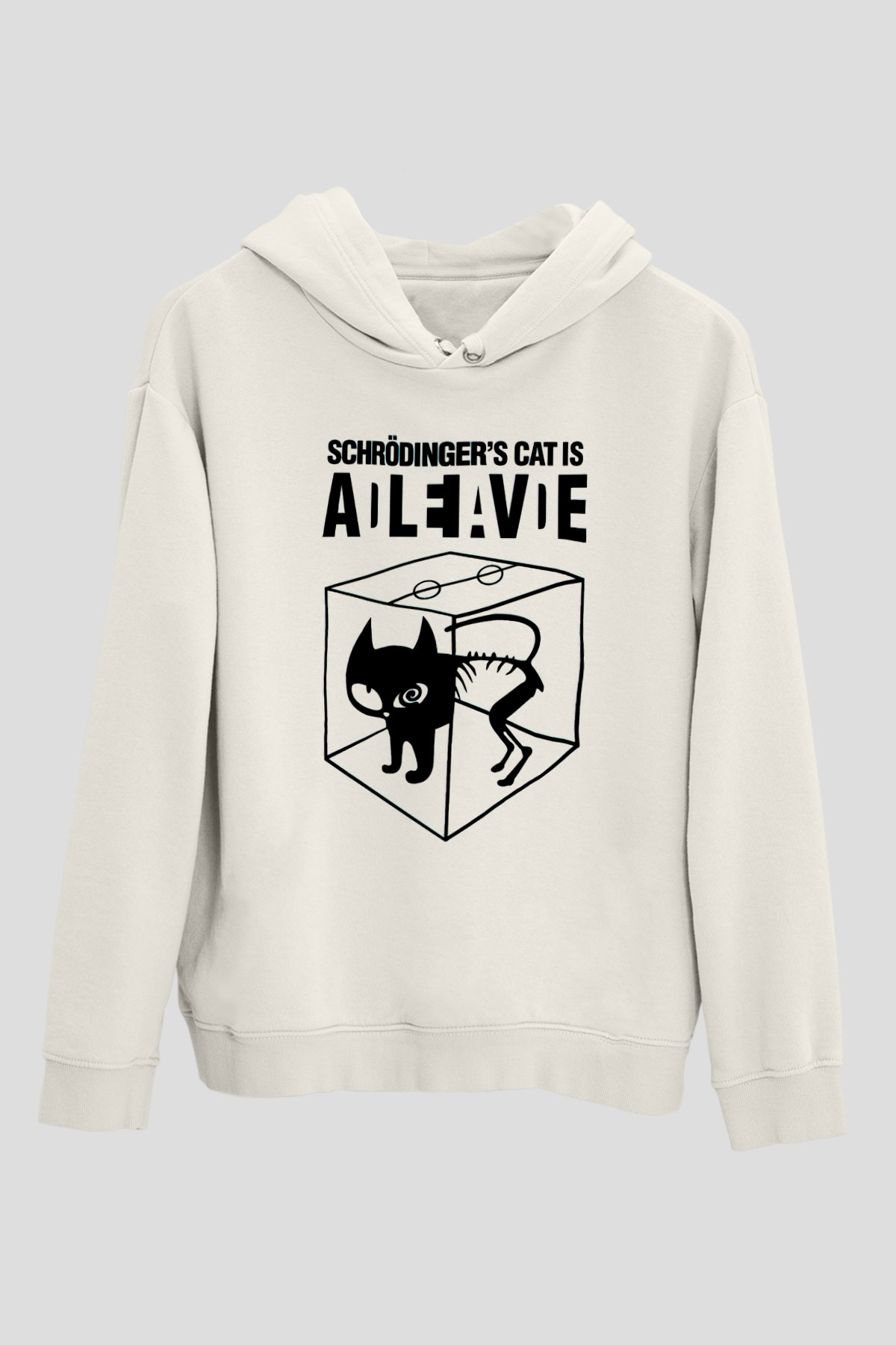 Schrödingerin Kedisi Süperpozisyon Baskılı Unisex Beyaz Hoodie
