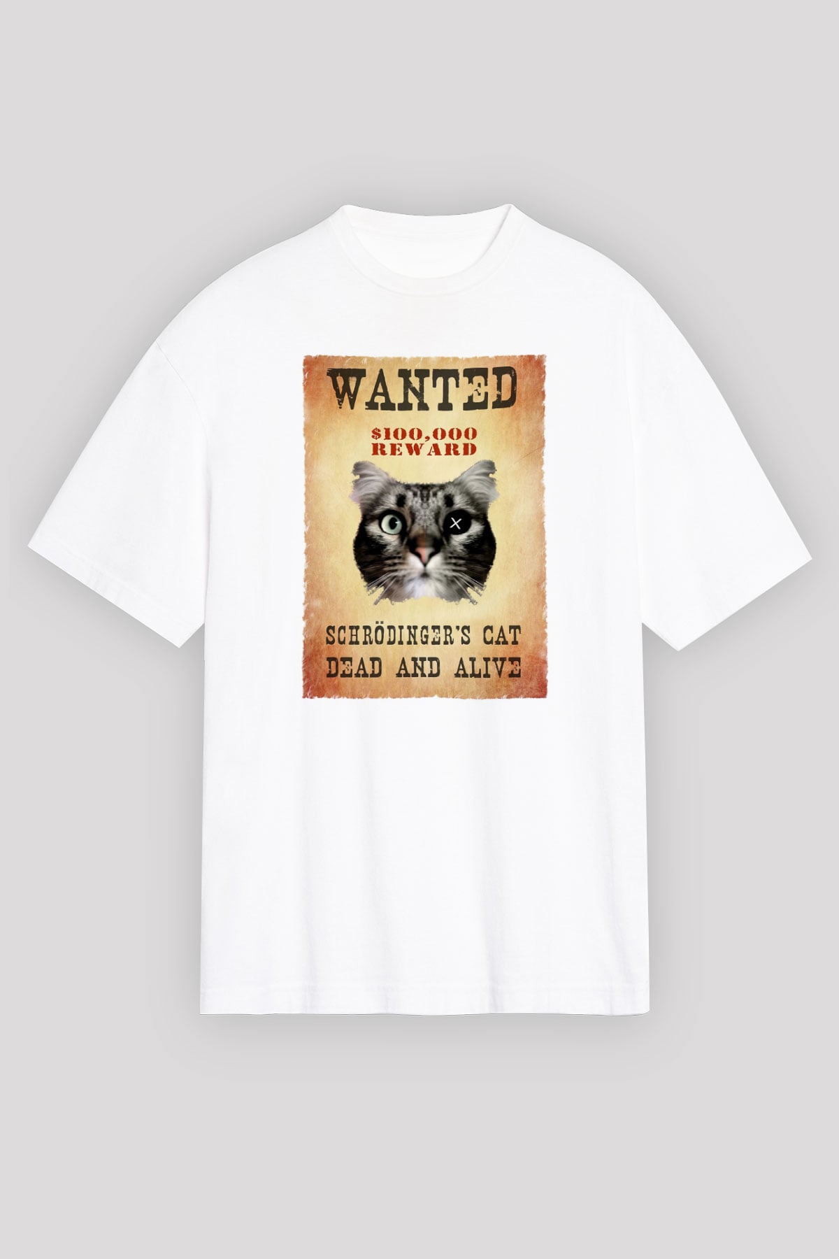 Schrödinger'in Kedisi Wanted Baskılı Unisex Oversize Beyaz Tişört - Tshirt