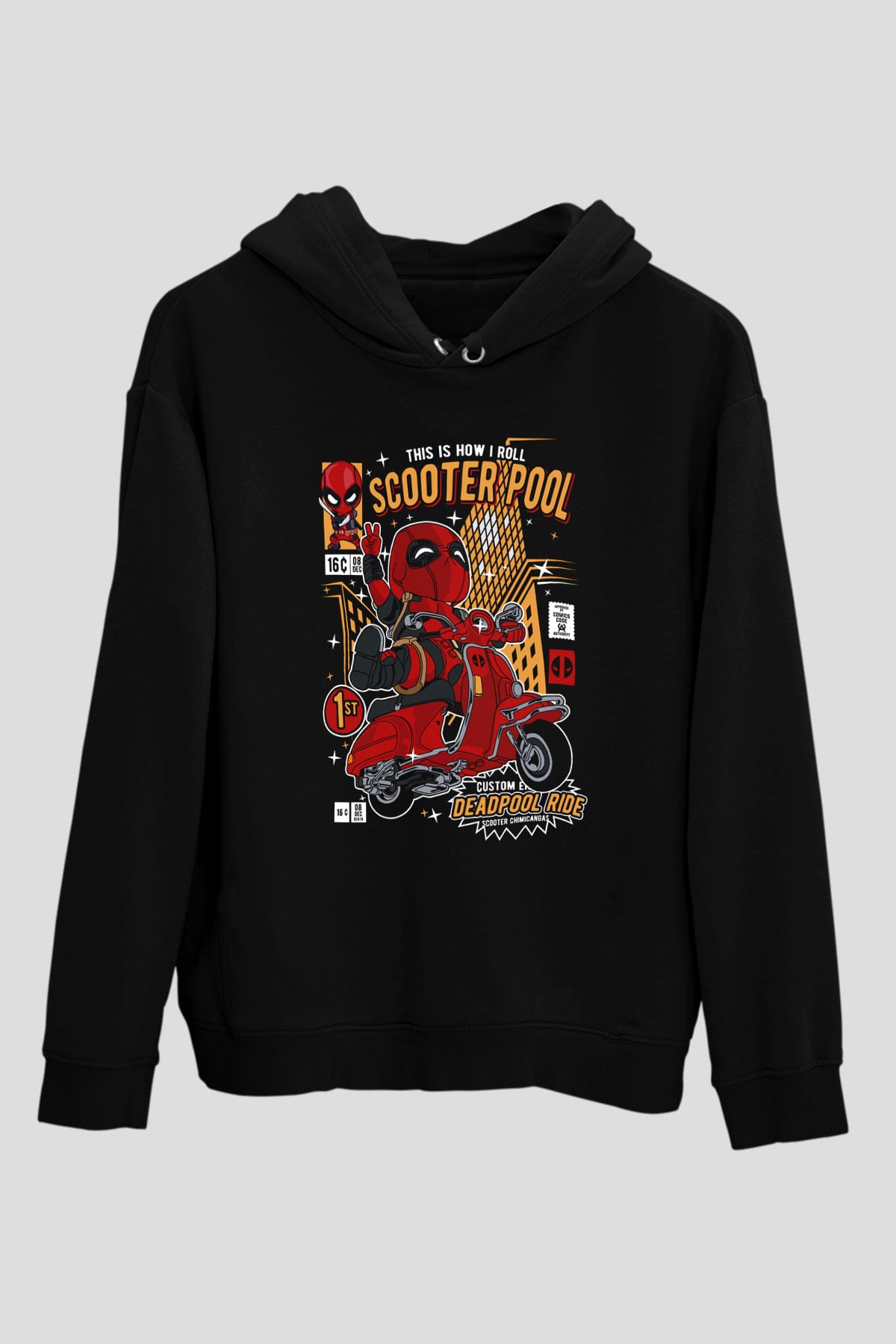 Scooter Pool Baskılı Unisex Siyah Hoodie