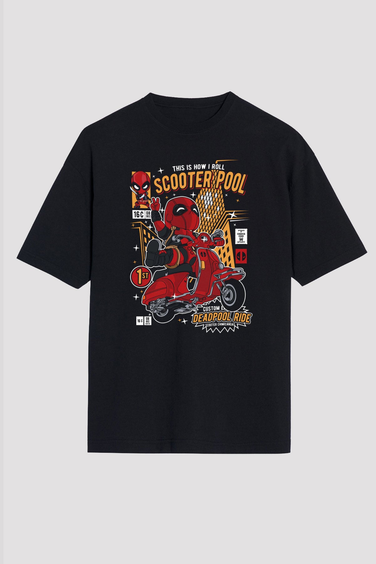 Scooter Pool Baskılı Unisex Siyah Oversize Tişört