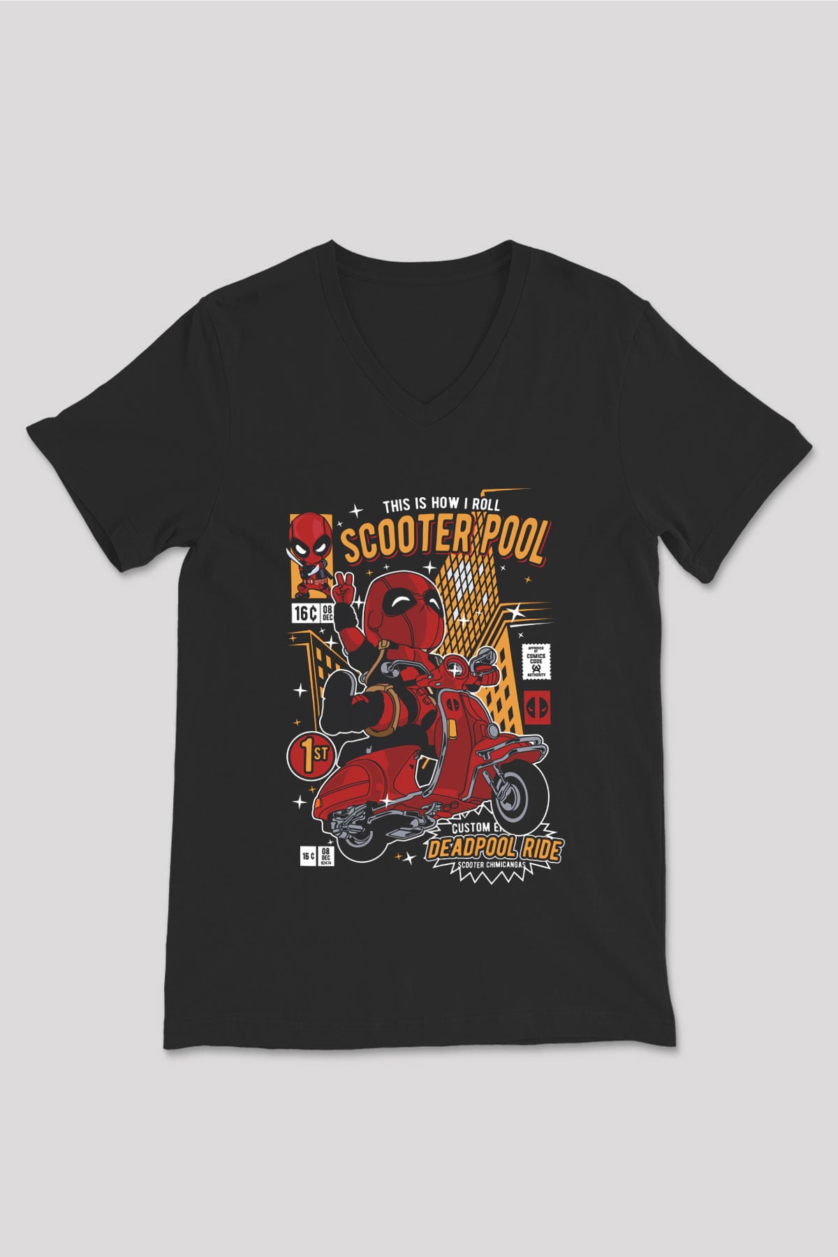 Scooter Pool Baskılı Unisex Siyah V Yaka Tişört