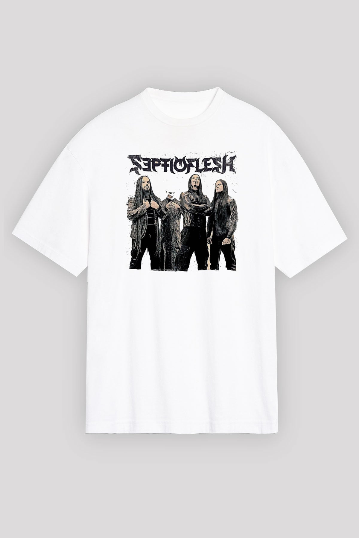 Septicflesh Baskılı Beyaz Unisex Oversize Tişört - Tshirt