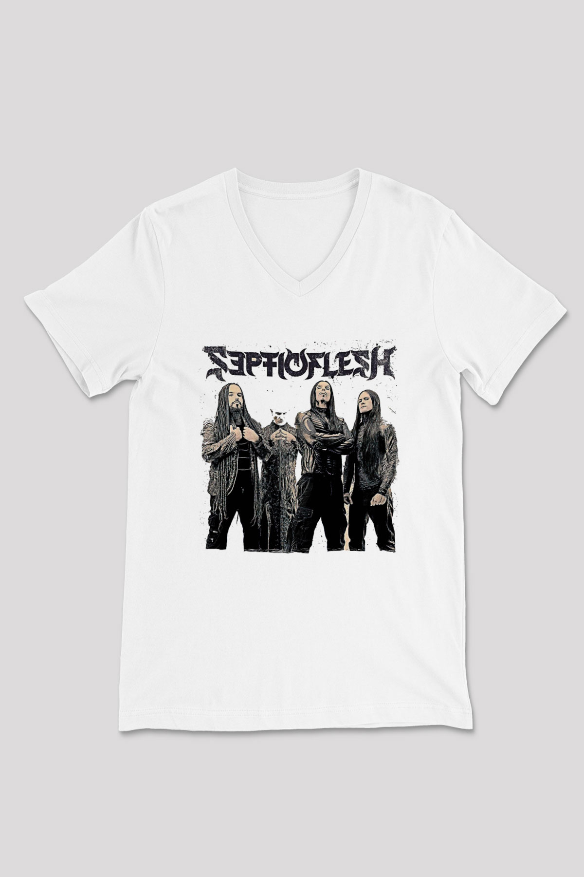 Septicflesh Baskılı Beyaz Unisex V Yaka Tişört - Tshirt