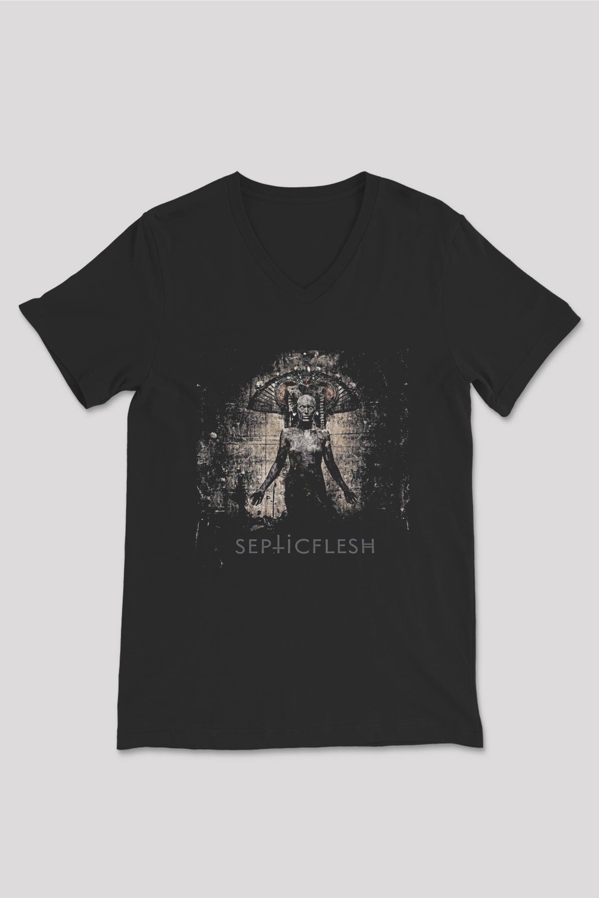 Septicflesh Baskılı Unisex Siyah V Yaka Tişört - Tshirt