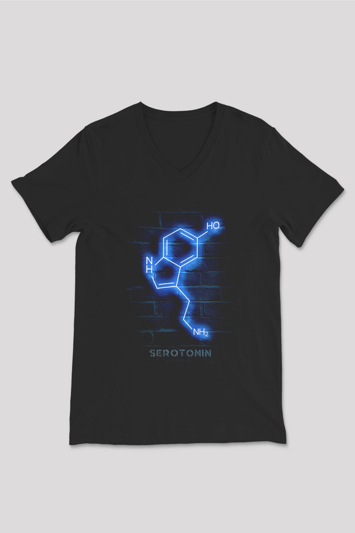 Seratonin Molekülü Neon Baskılı Unisex V Yaka Siyah Tİşört - Tshirt