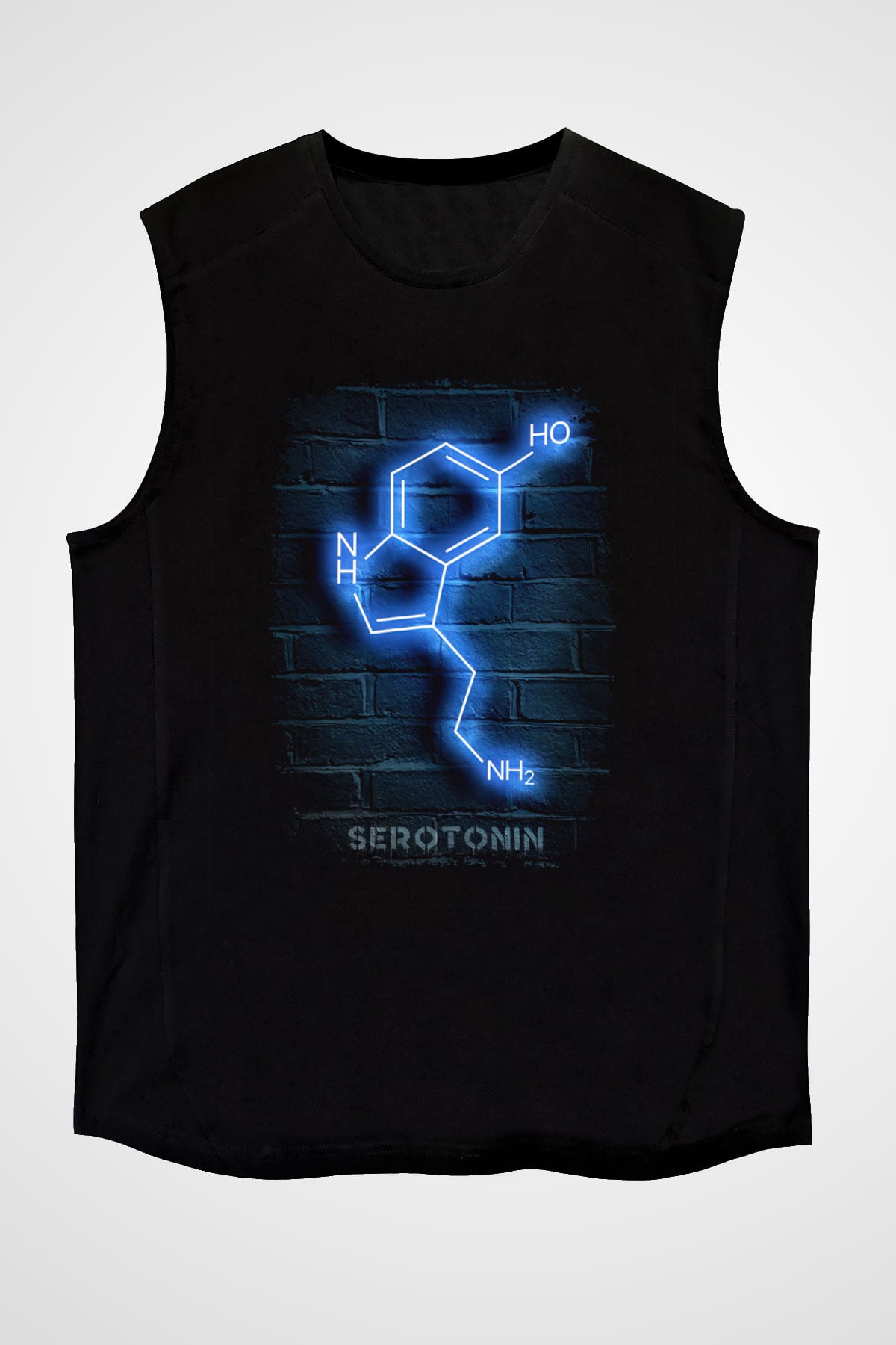 Seratonin Molekülü Neon Baskılı Unisex Kolsuz Siyah Tişört - Tshirt
