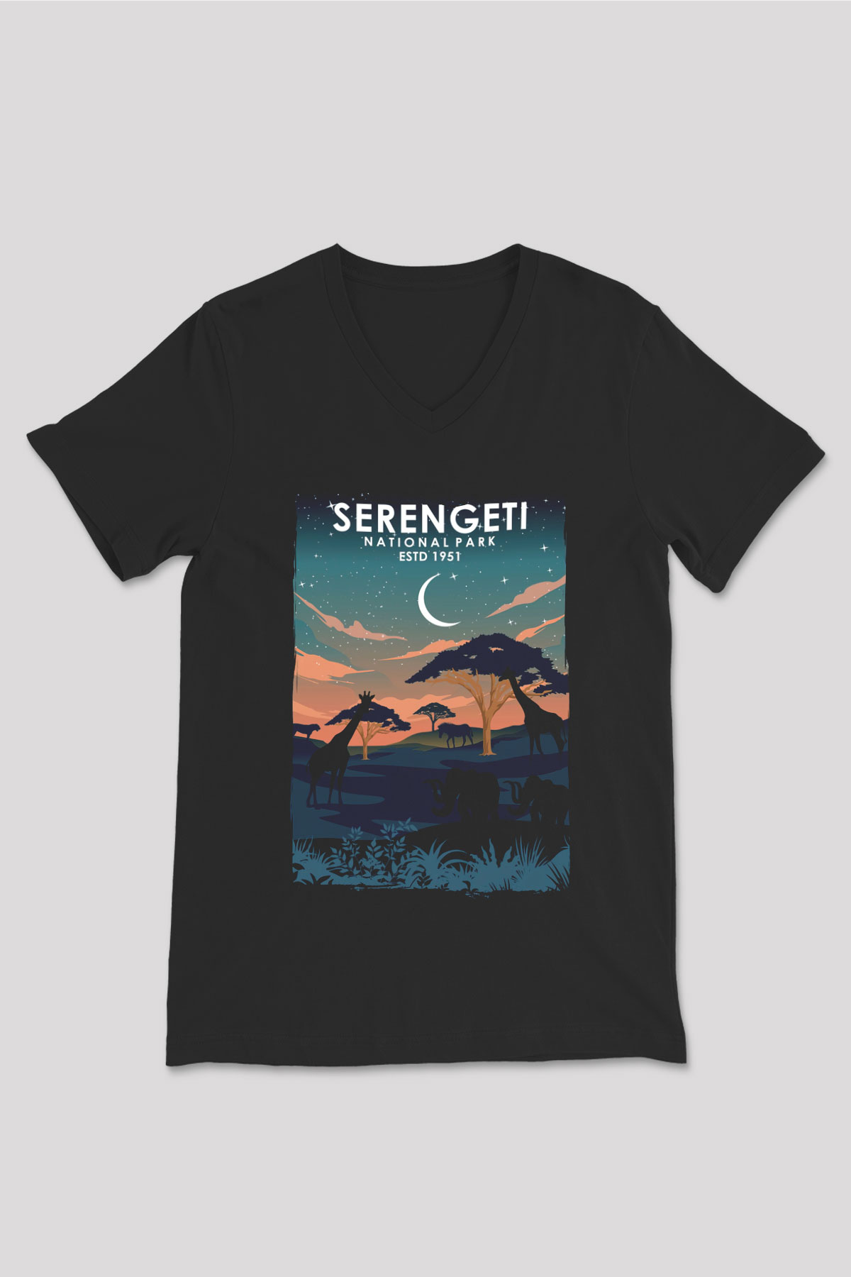 Serengeti Milli Park Siyah Unisex V Yaka Tişört