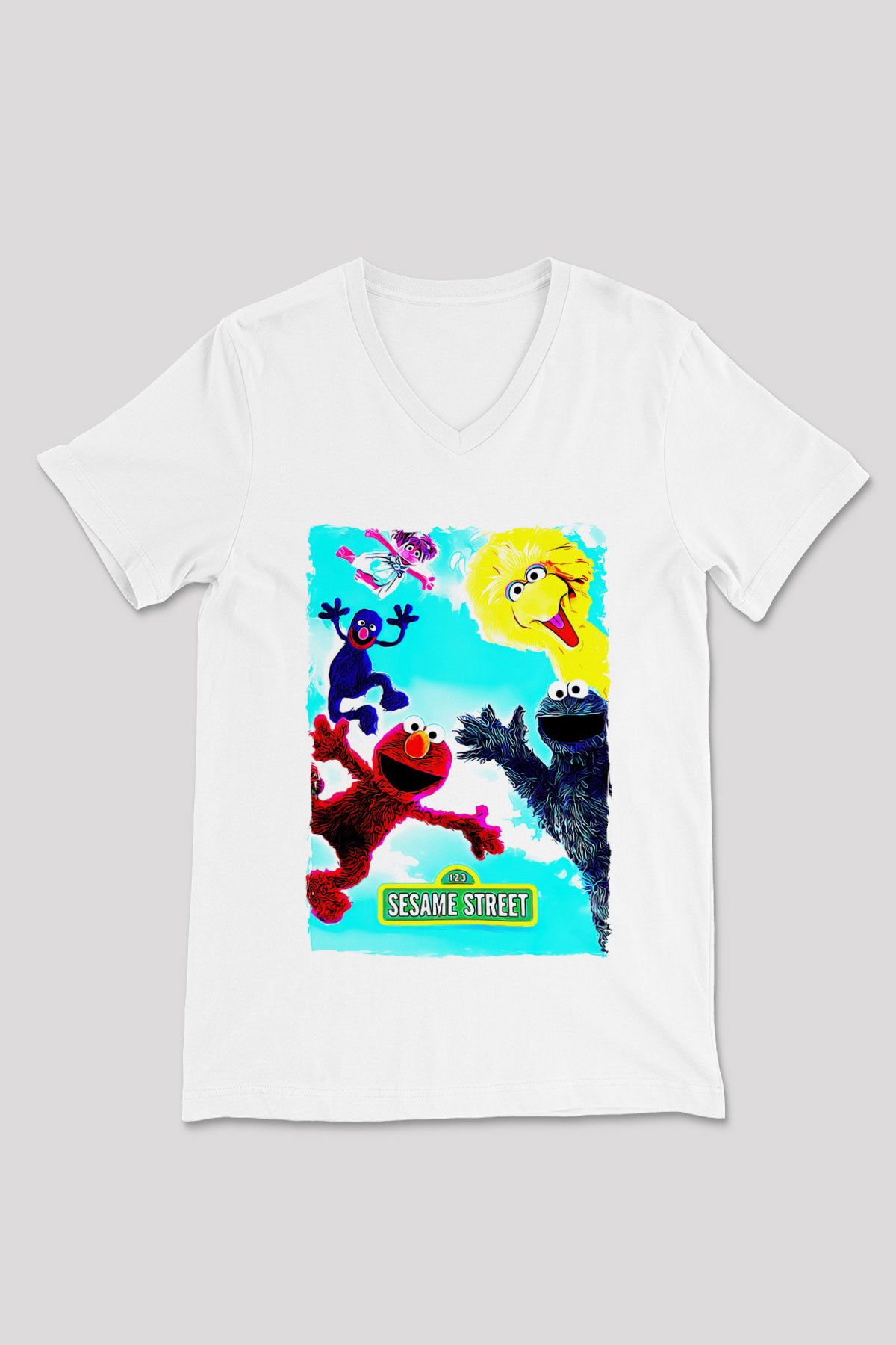 Sesame Street Susam Sokağı Beyaz Unisex  V Yaka Tişört