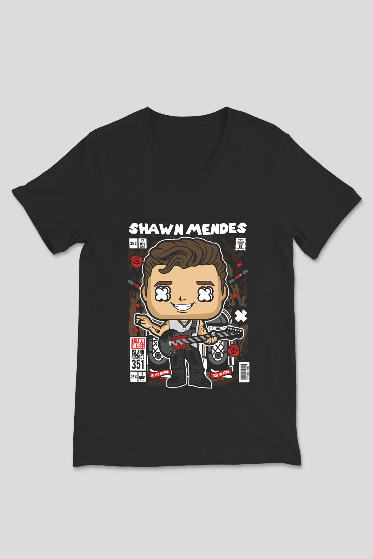 Shawn Mendes Baskılı Unisex Siyah V Yaka Tişört