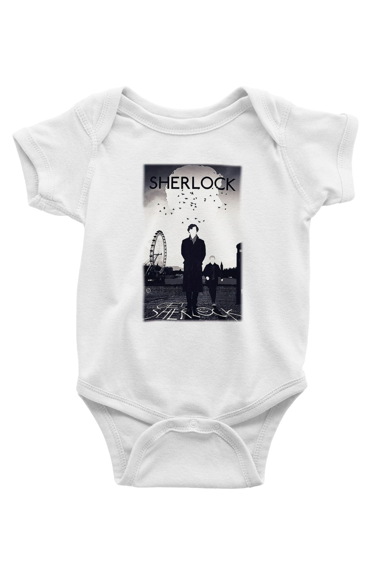 Sherlock Baskılı Beyaz Unisex Bebek Body - Zıbın