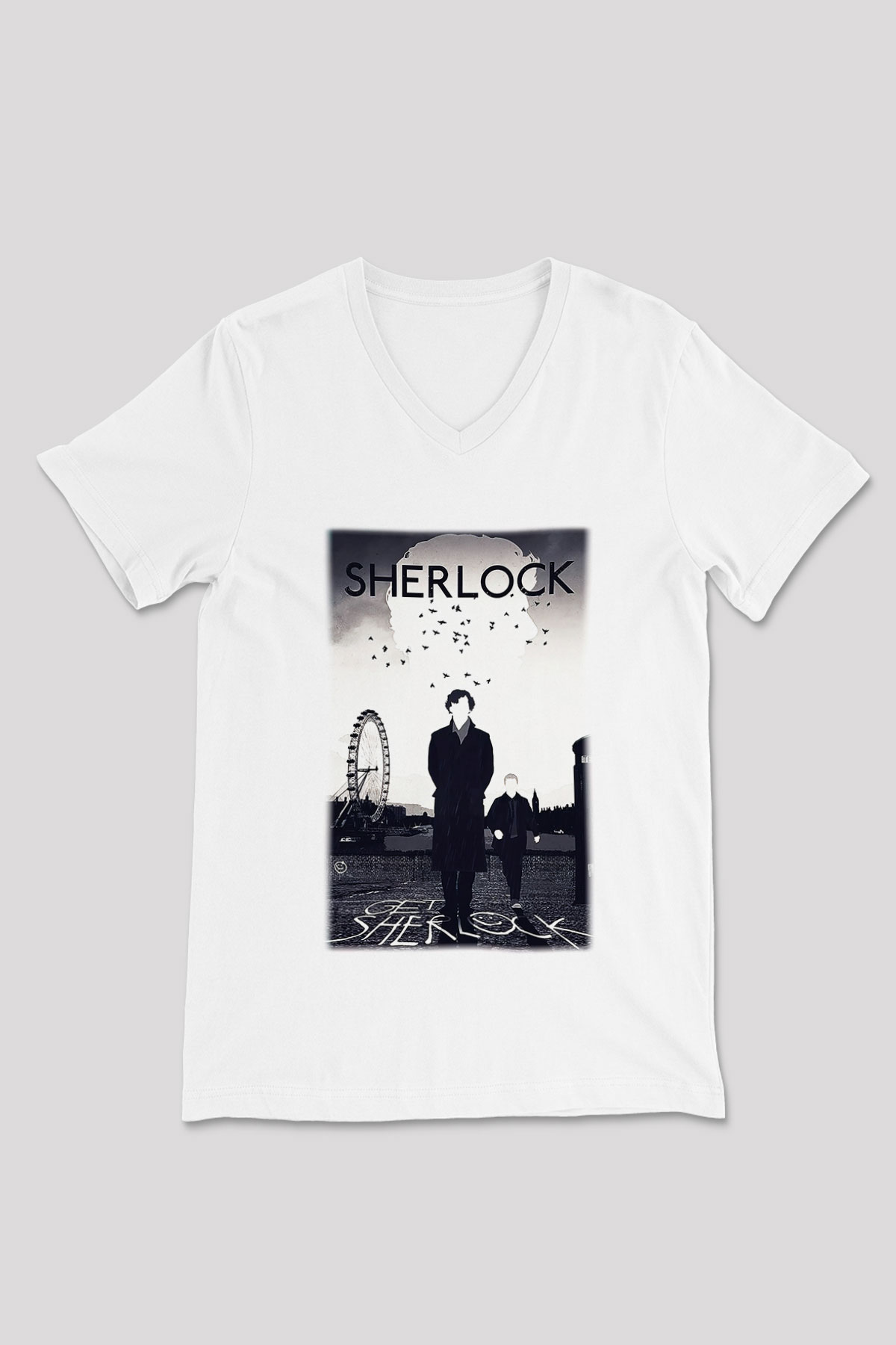 Sherlock Beyaz Unisex V Yaka Tişört T-Shirt