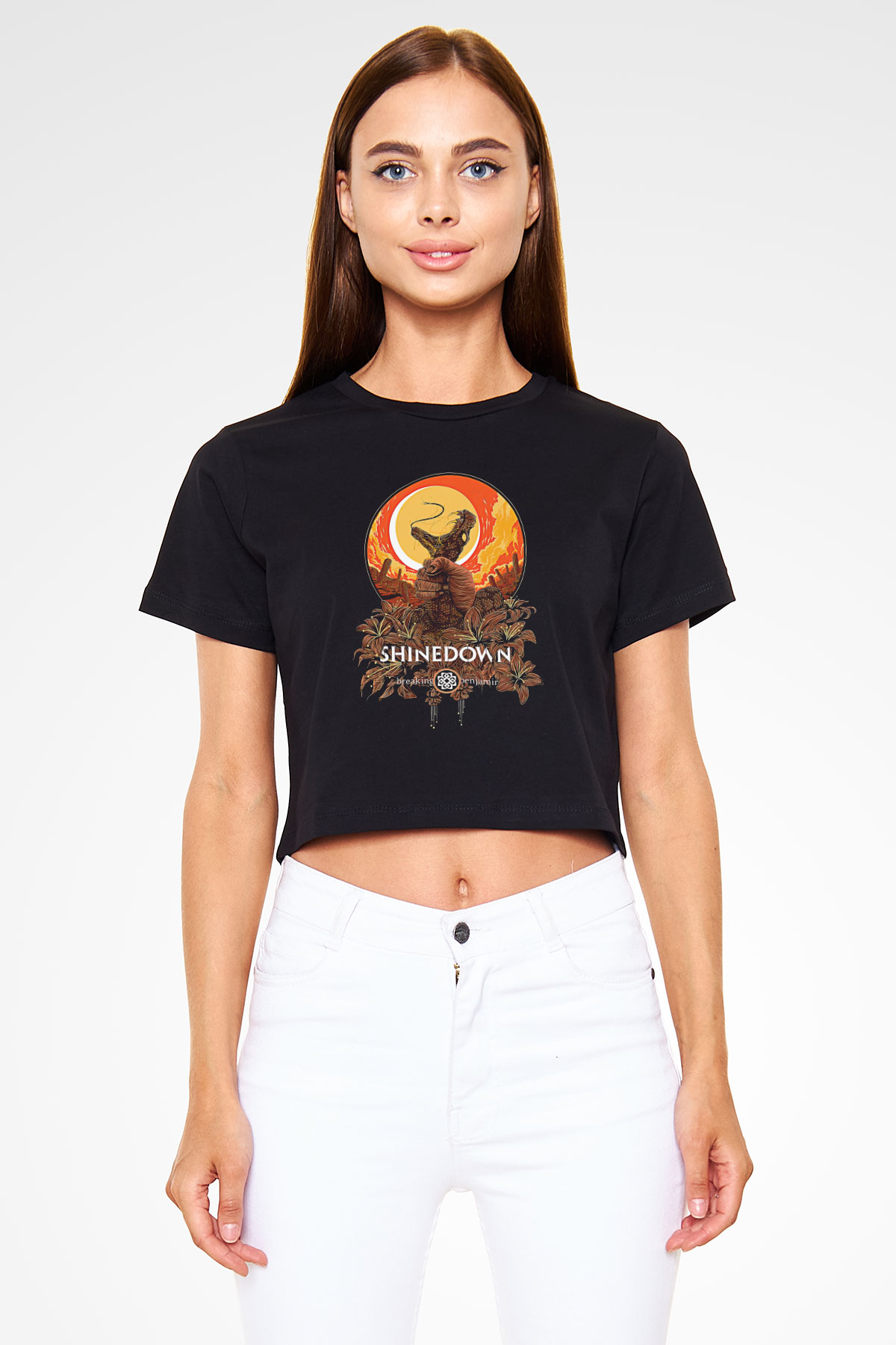 Shinedown Baskılı Siyah Crop Top Kadın Tişört - Tshirt