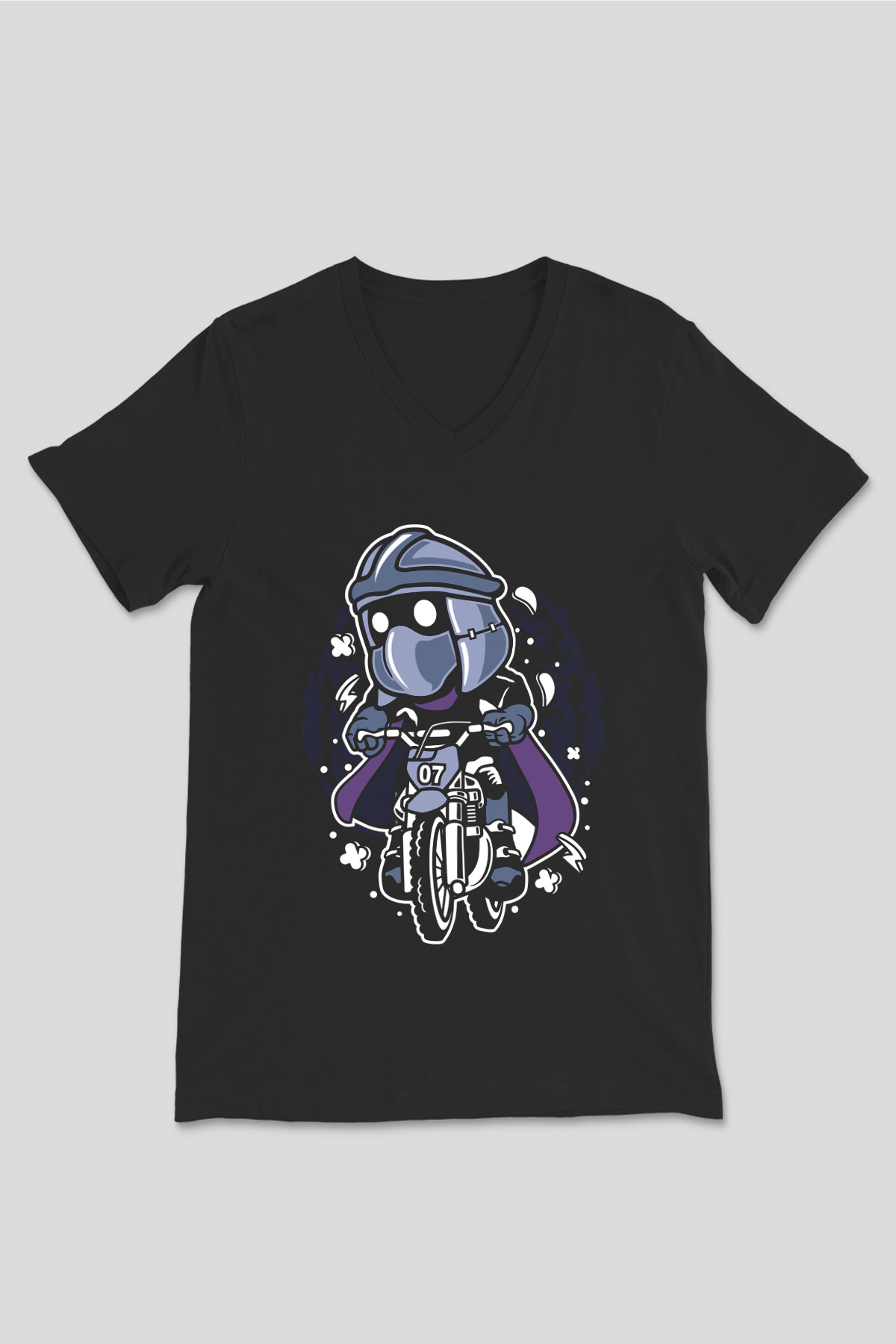 Shredder Biker Baskılı Siyah Unisex V Yaka Tişört