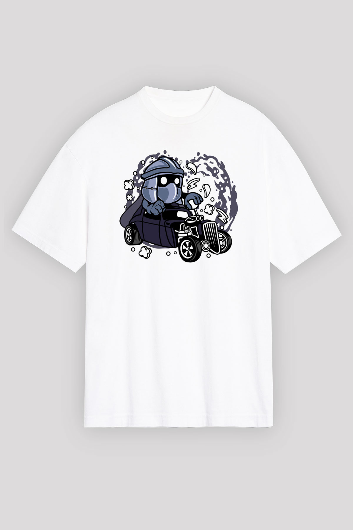 Shredder Hotrod Baskılı Beyaz Unisex Oversize Tişört
