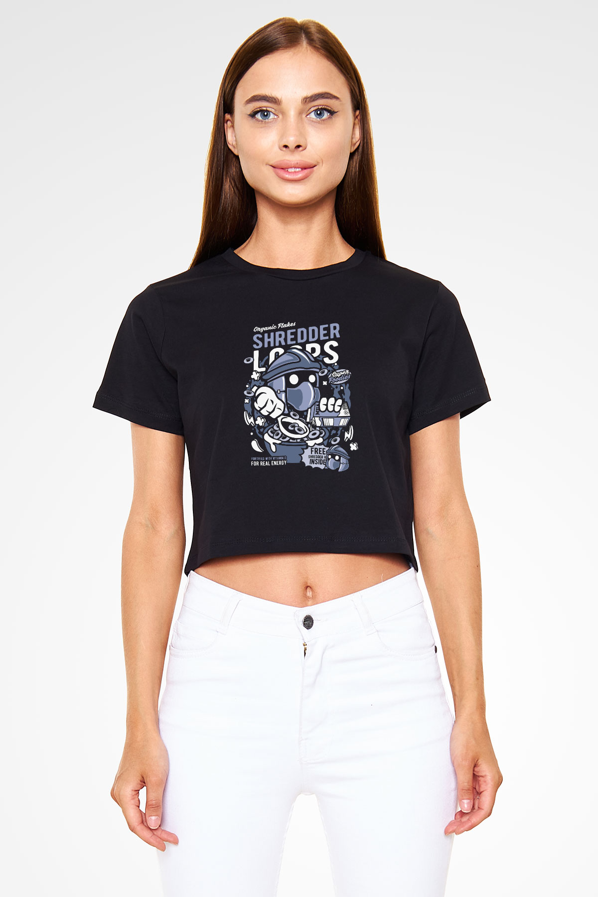 Shredder Loops Baskılı Siyah Kadın Crop Top Tişört