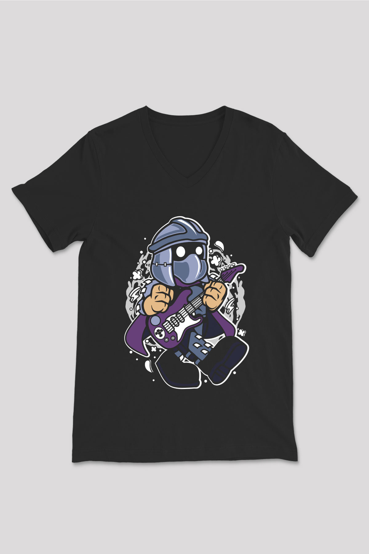 Shredder Rocker Baskılı Siyah Unisex V Yaka Tişört