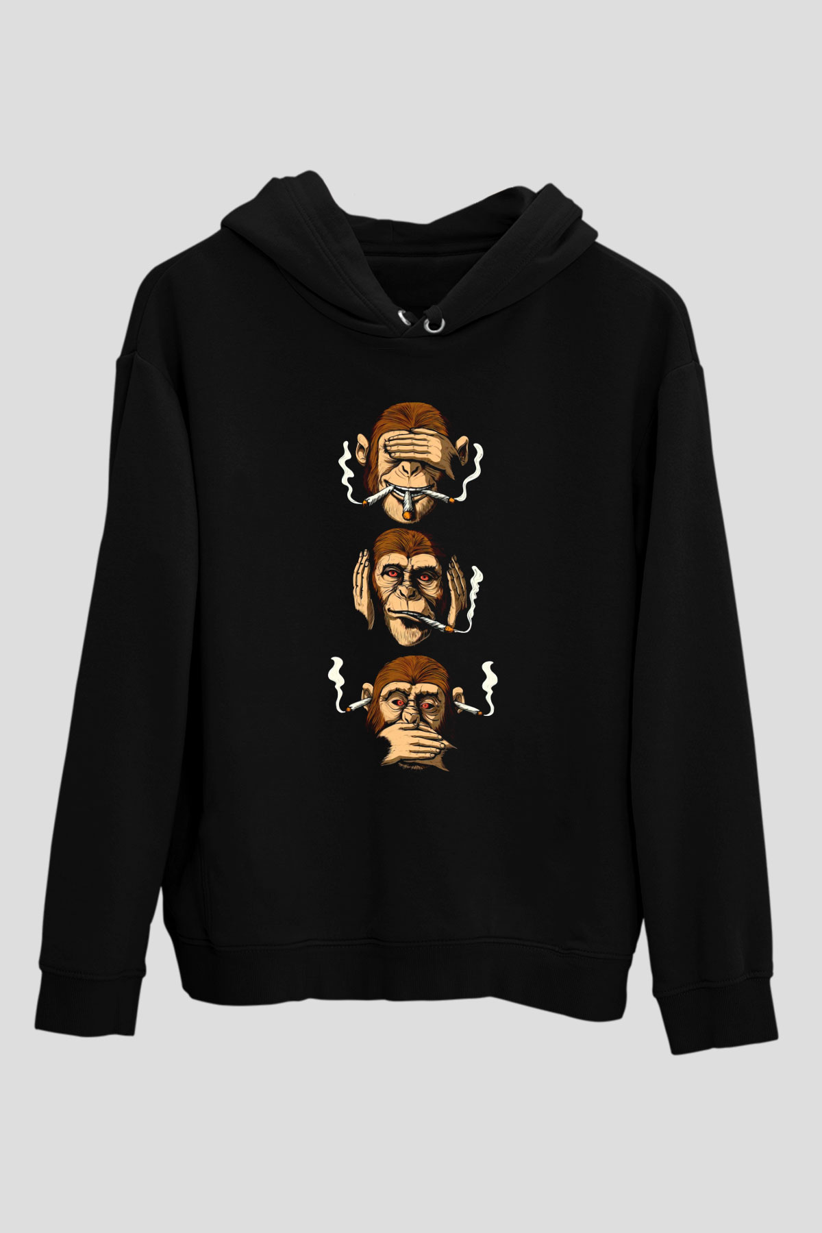 Sigara İçen 3 Maymun Temalı Siyah  Unisex Hoodie