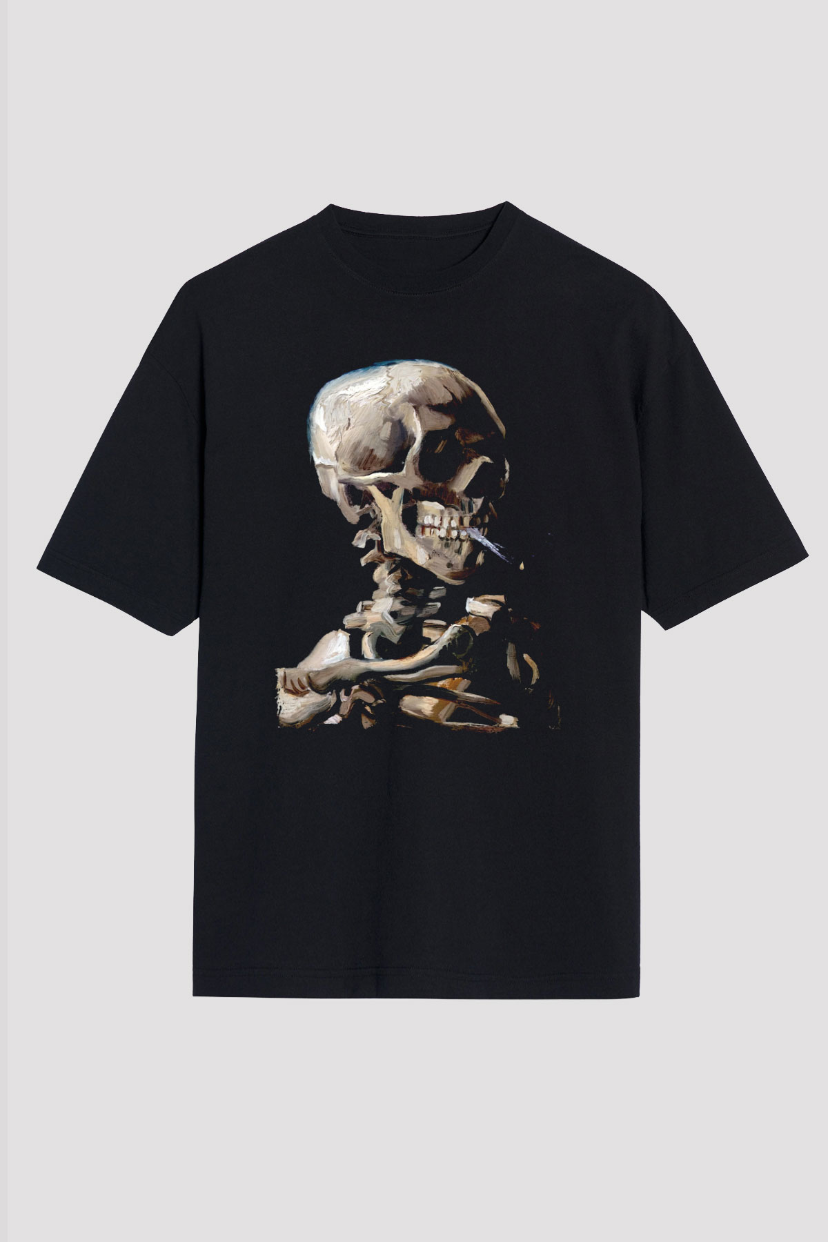 Sigara İçen İskelet Baskılı Unisex Siyah Tişört
