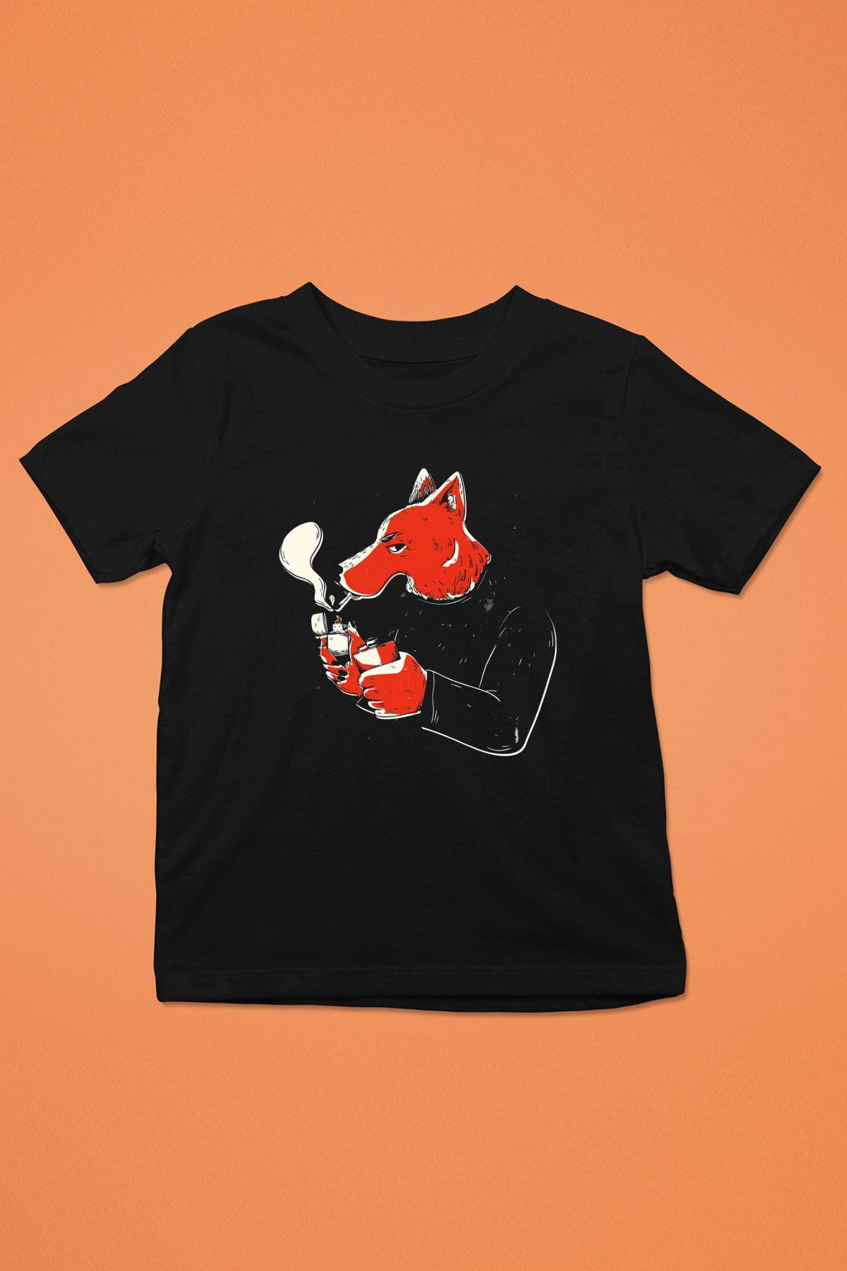 Sigara İçen Tilki Baskılı Unisex Siyah  Çocuk Tişört