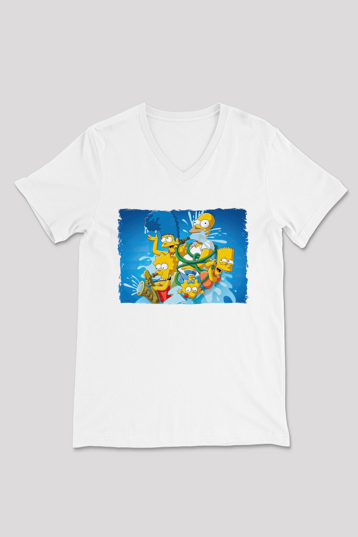 Simpsons Beyaz Unisex V Yaka Tişört