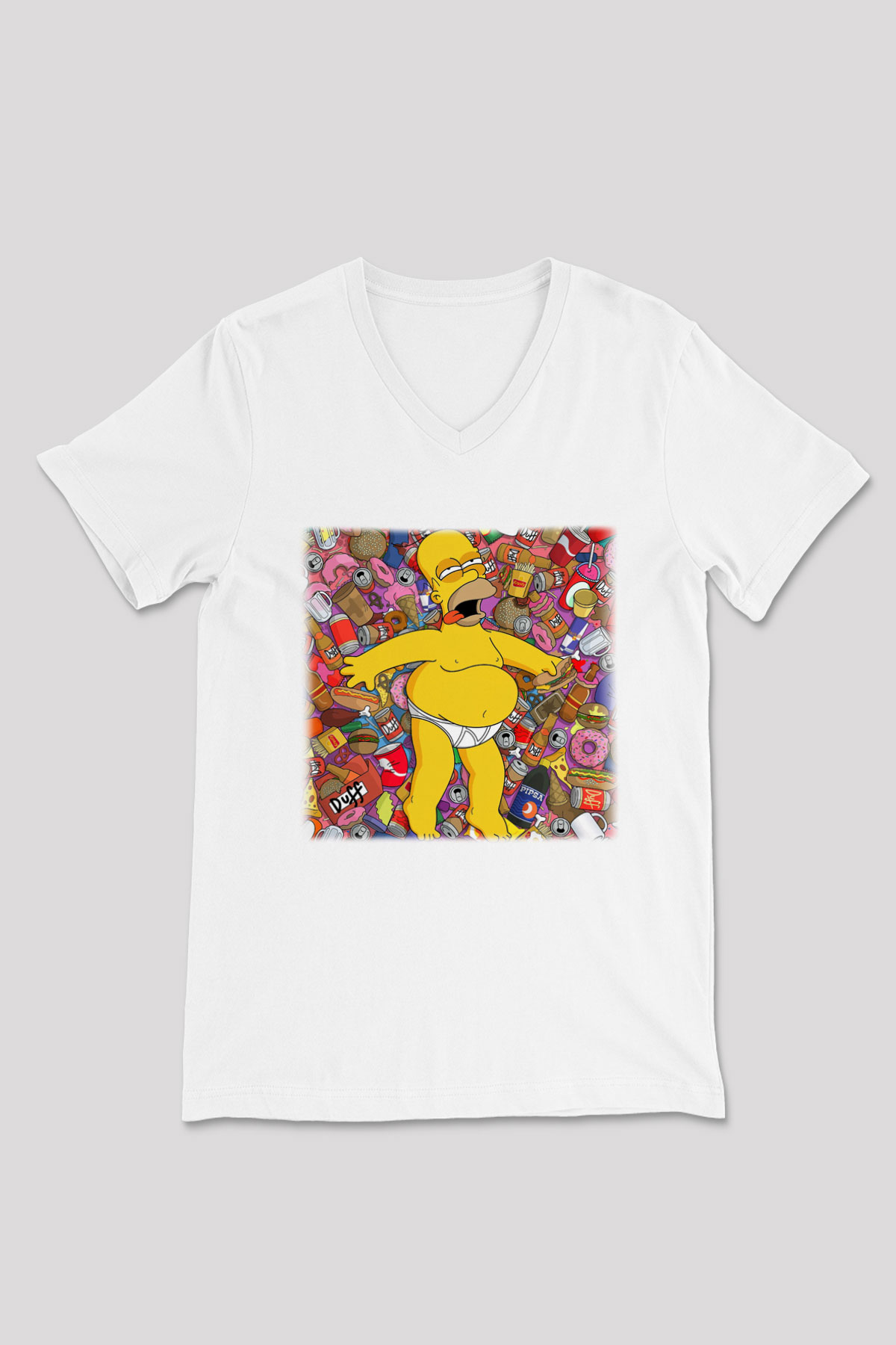 Simpsons Beyaz Unisex V Yaka Tişört T-Shirt