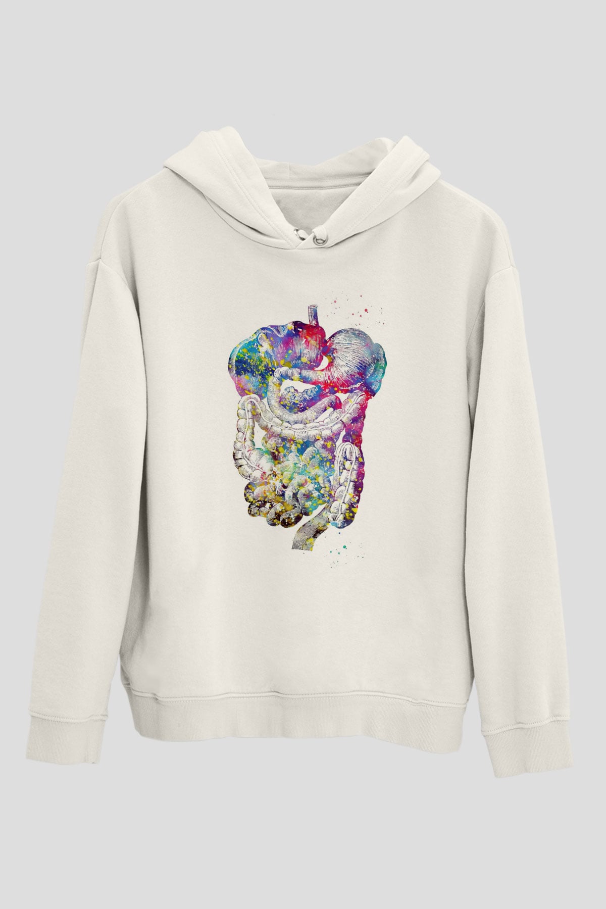 Sindirim Sistemi Renkli Baskılı Unisex Ekru Hoodie