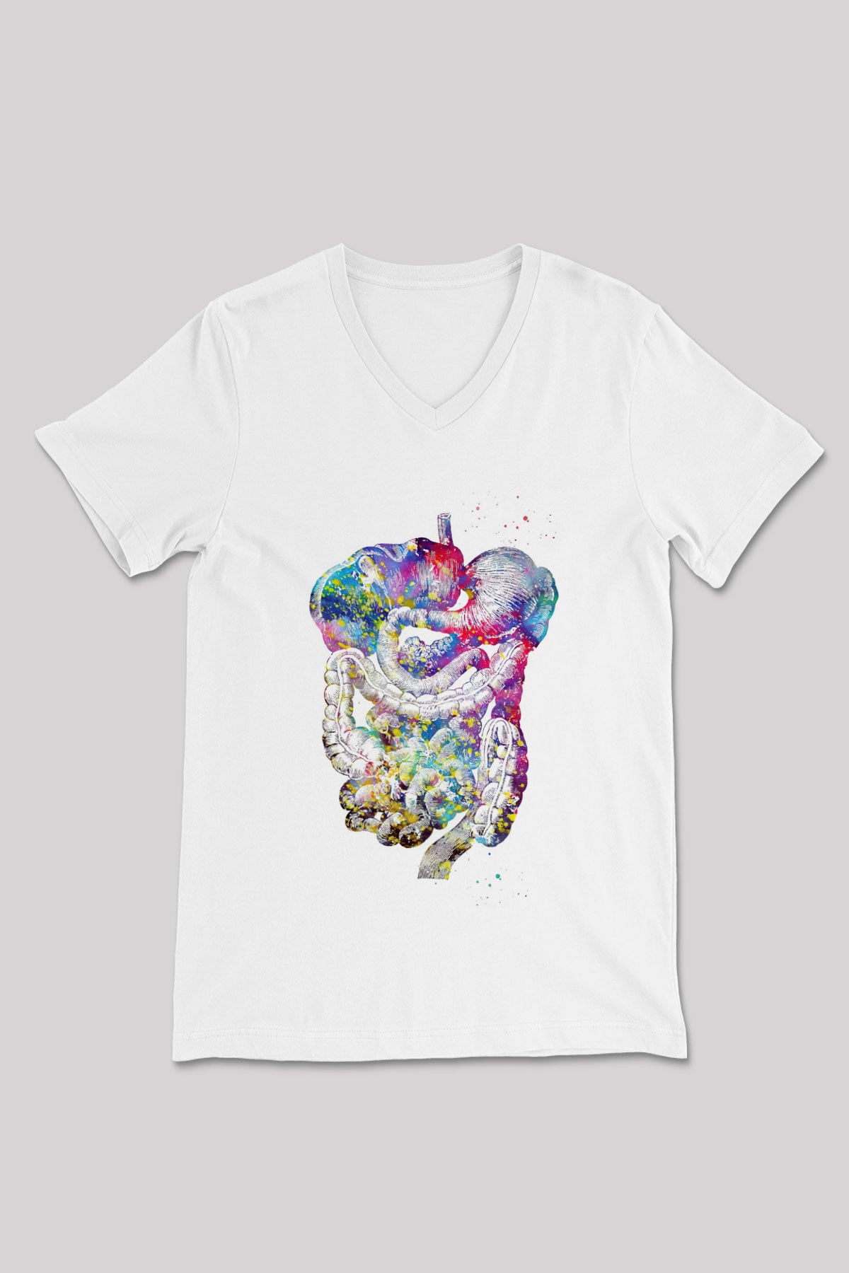 Sindirim Sistemi Renkli Baskılı Unisex V Yaka Beyaz Tişört - Tshirt
