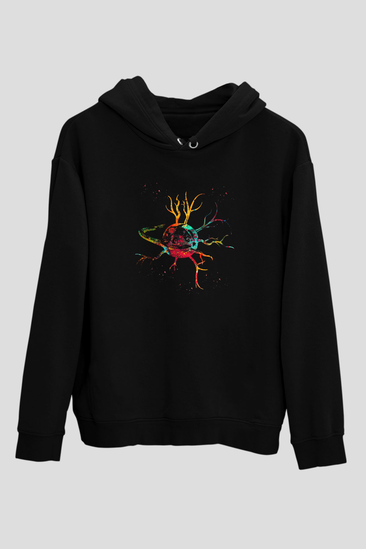Sinir Hücresi Renkli Baskılı Unisex Siyah Kapüşonlu Sweatshirt