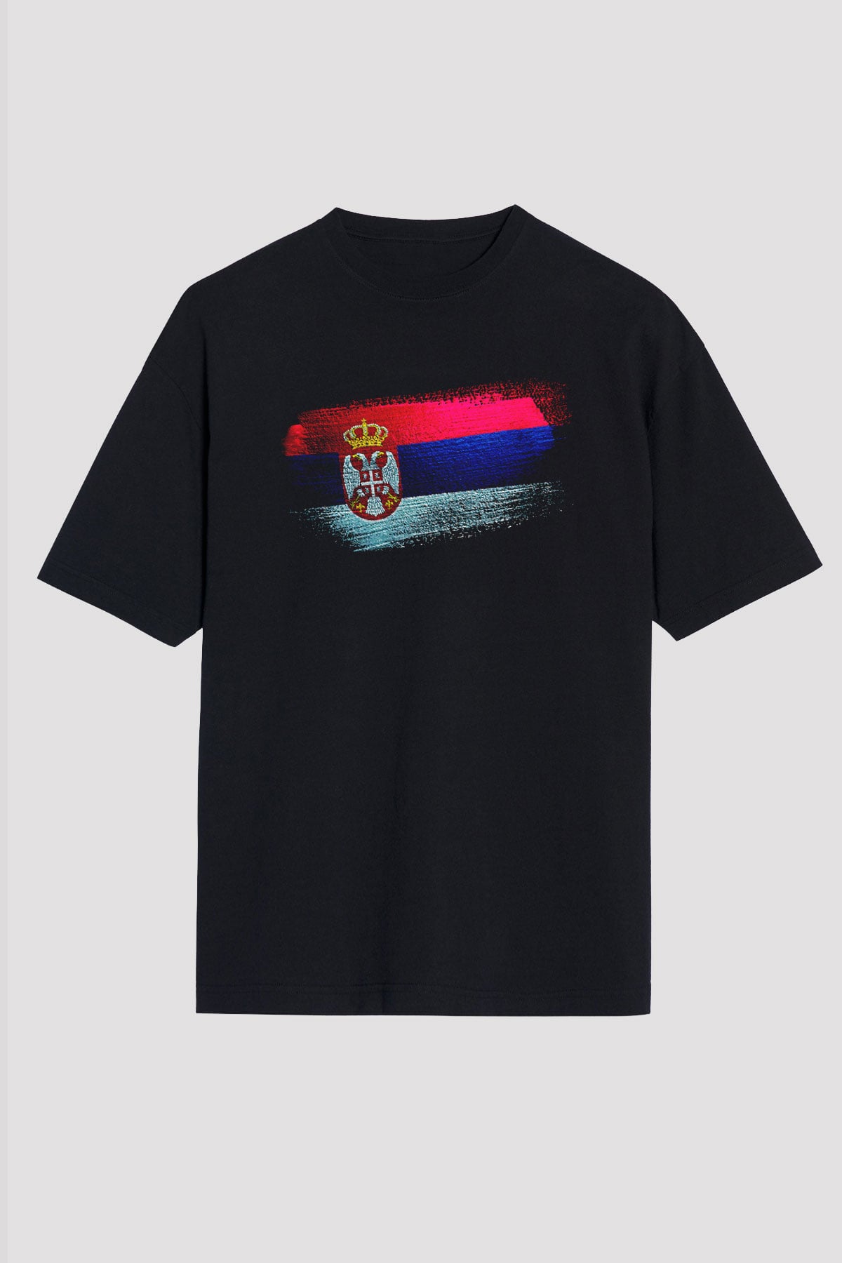Sırbistan - Serbia Bayrağı Baskılı Unisex Siyah Oversize Tişört