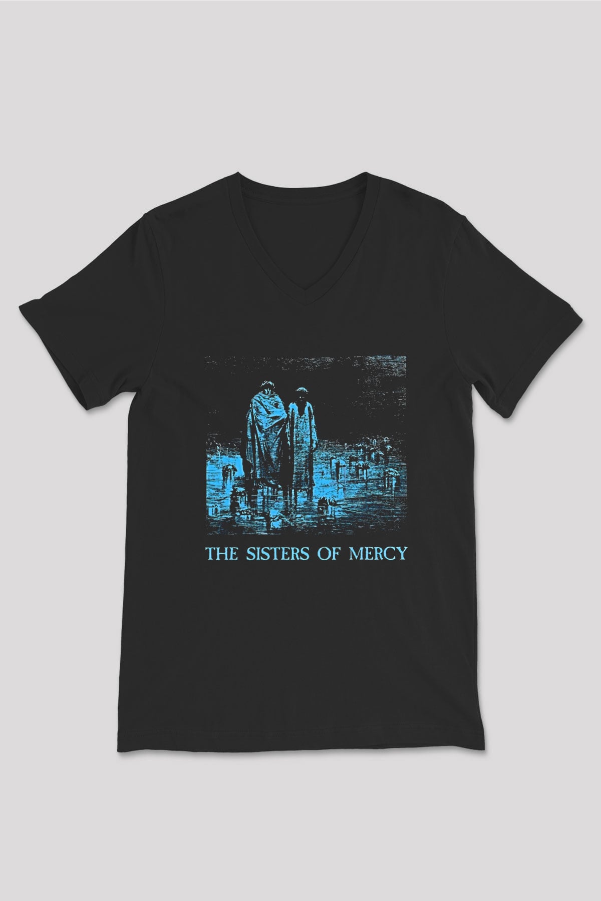 Sisters Of Mercy Baskılı Unisex Siyah V Yaka Tişört - Tshirt