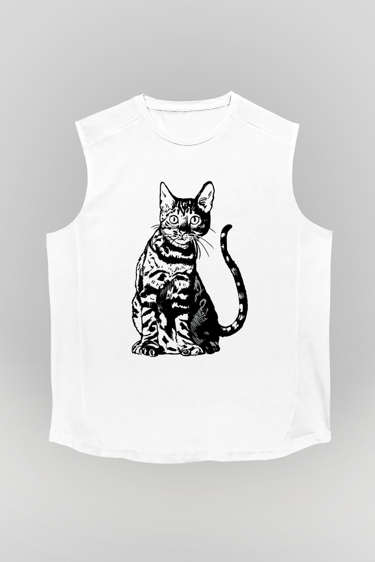 Siyah Kedi Baskılı Unisex Beyaz  Kolsuz Tişört