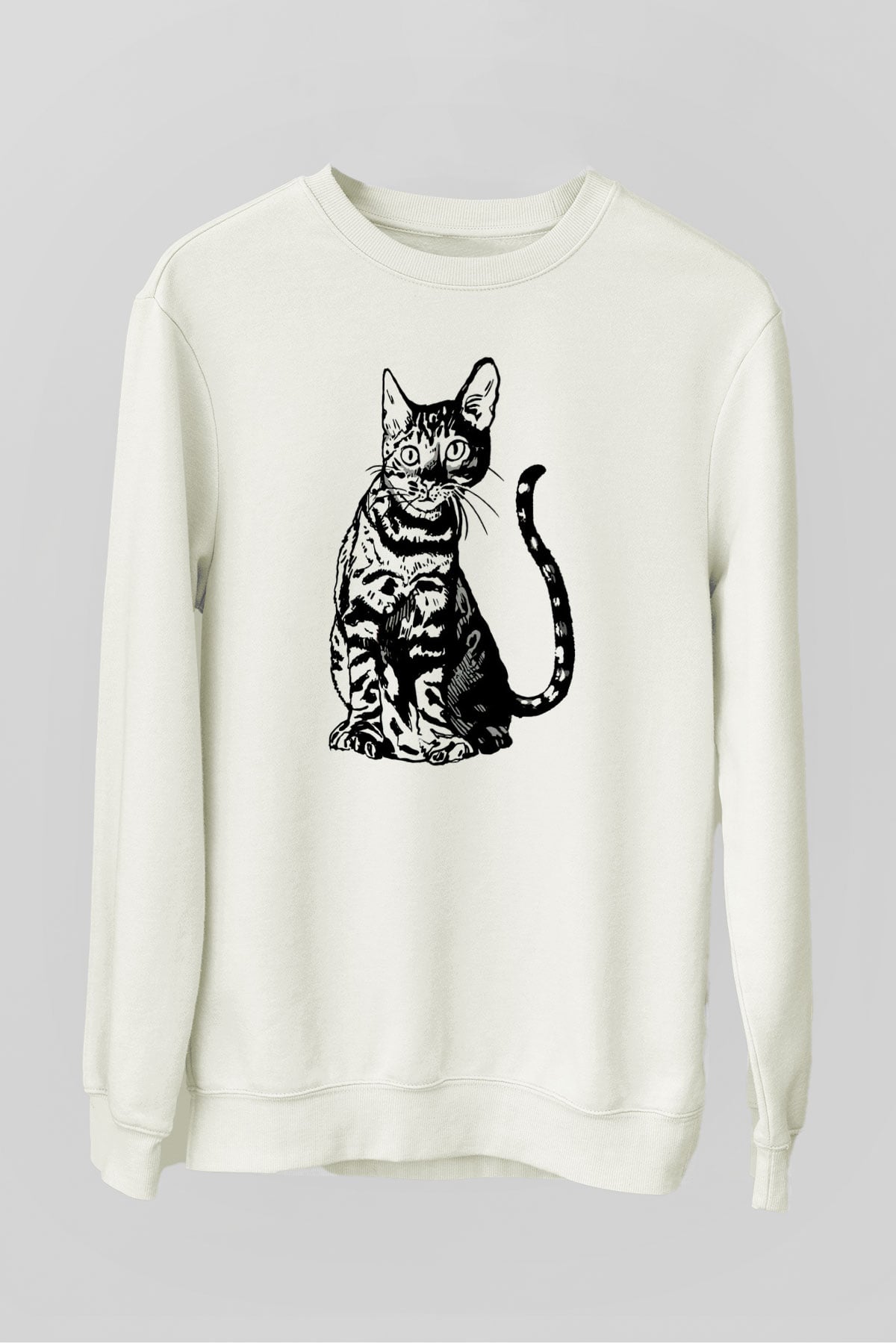 Siyah Kedi Baskılı Unisex Beyaz  Sweatshirt