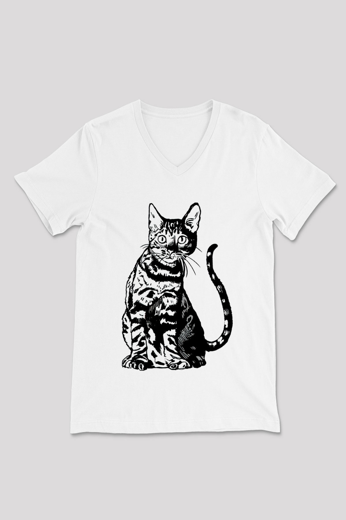 Siyah Kedi Baskılı Unisex Beyaz  V Yaka Tişört