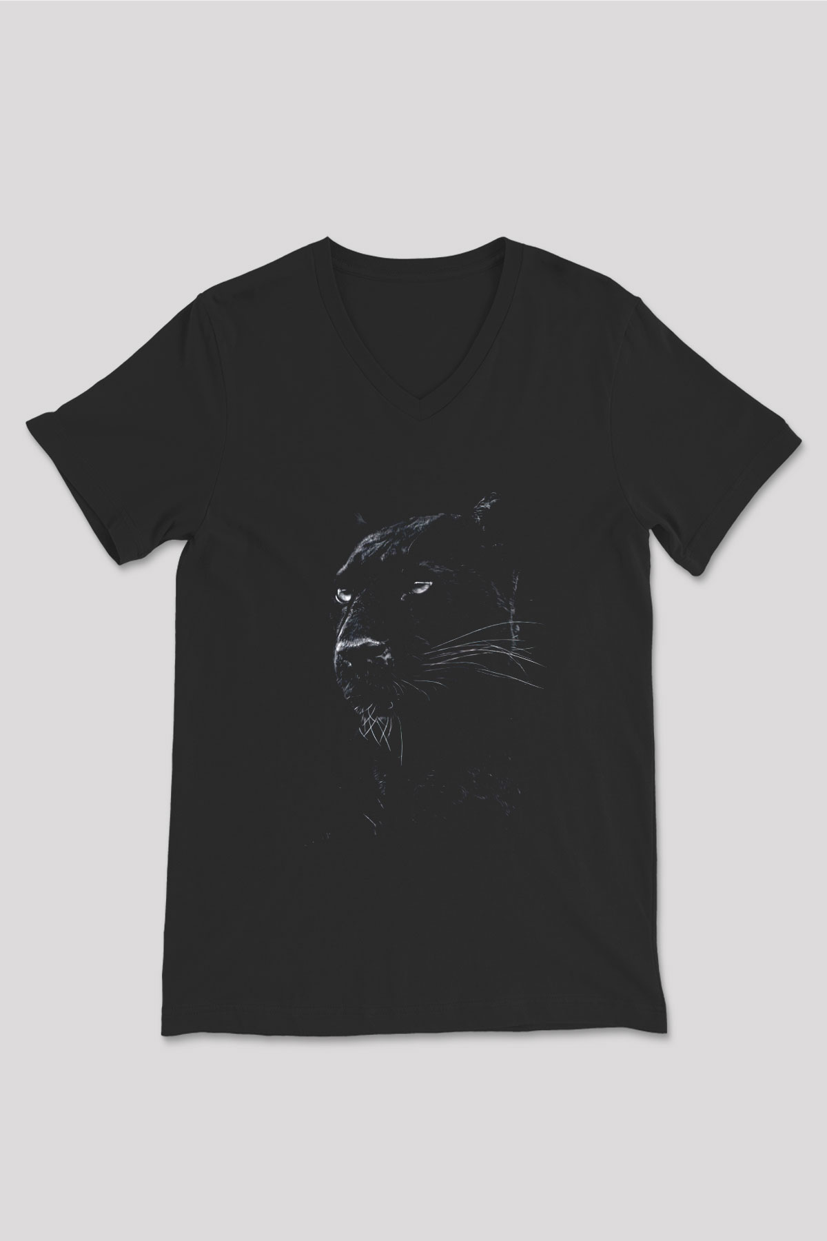 Siyah Panter Baskılı Unisex Siyah  V Yaka Tişört