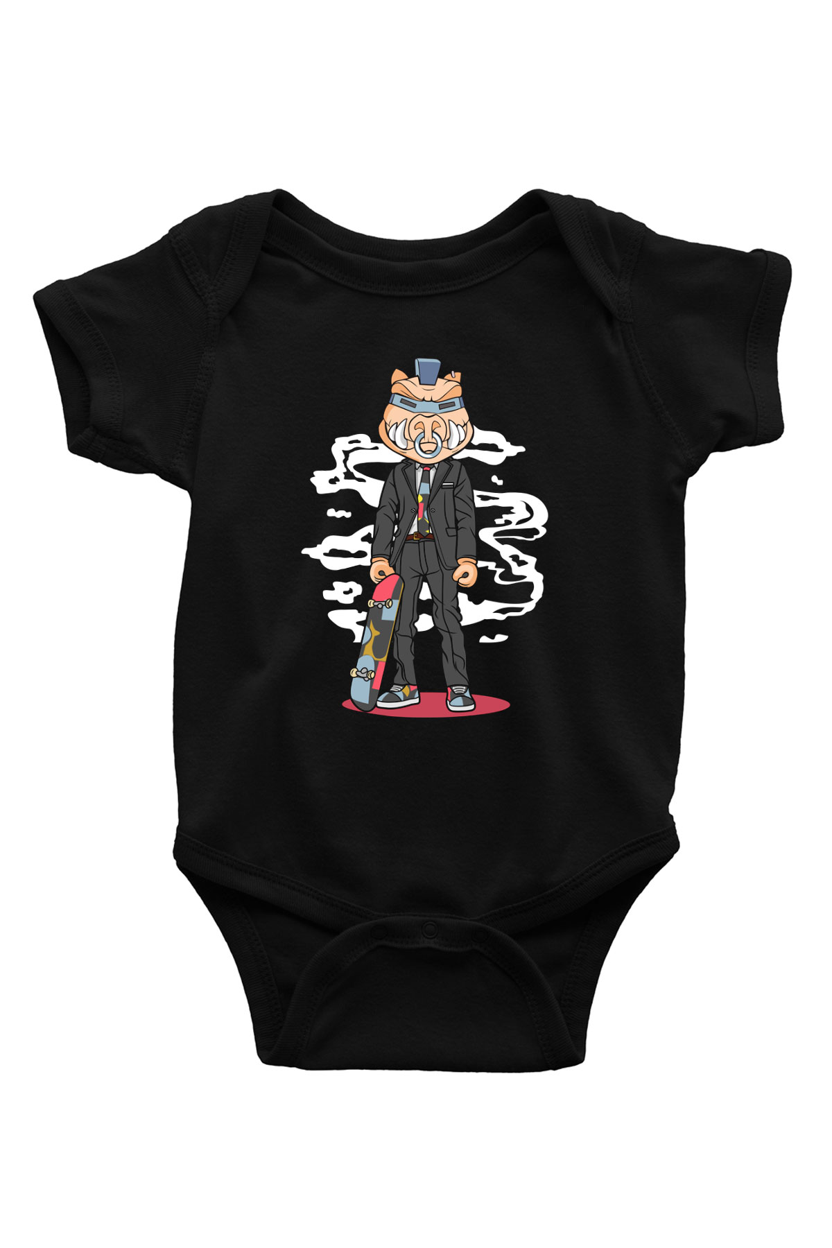 Skater Pig Baskılı Unisex Siyah Bebek Body - Zıbın